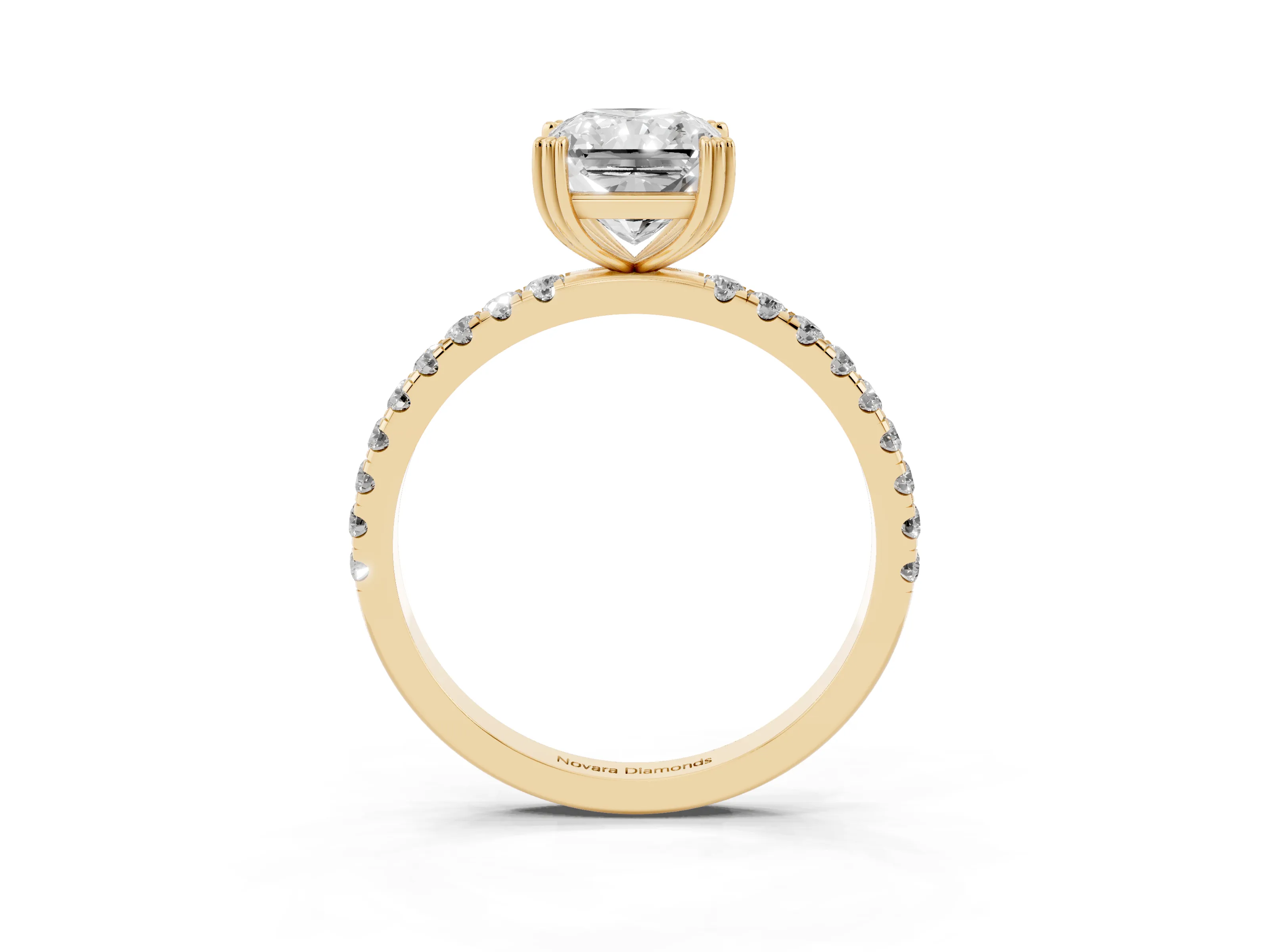 Radiant Cut Diamond Brilliant Solitaire Set in Yellow gold with Pavé Band and Claw Prong Setting