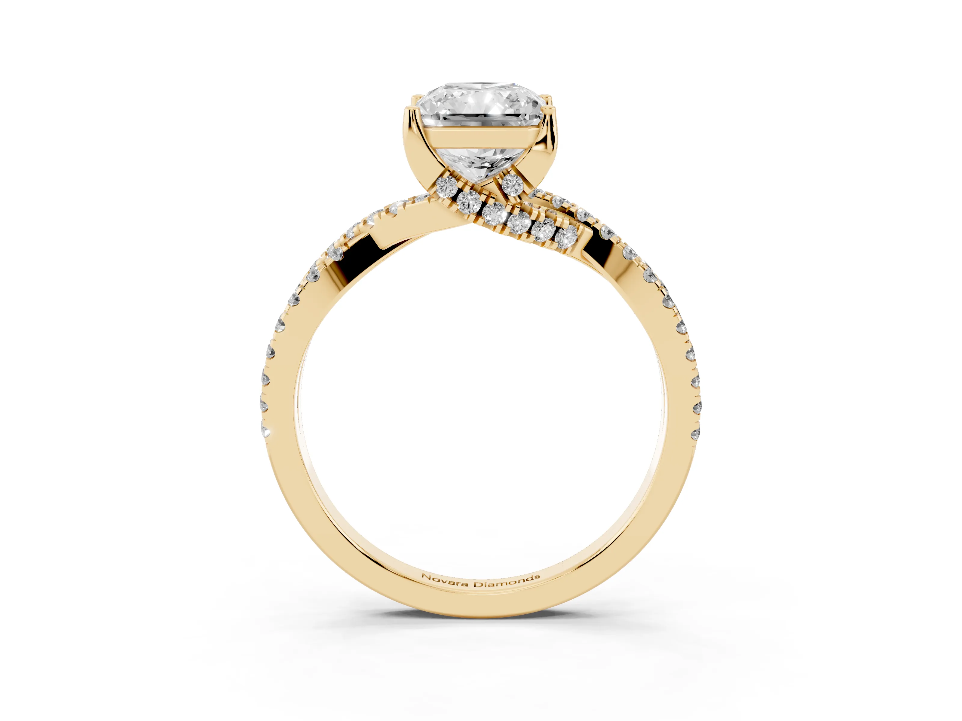 Radiant Cut Diamond Twist Pavé Solitaire Engagement Ring Set in Yellow gold with Prong Setting