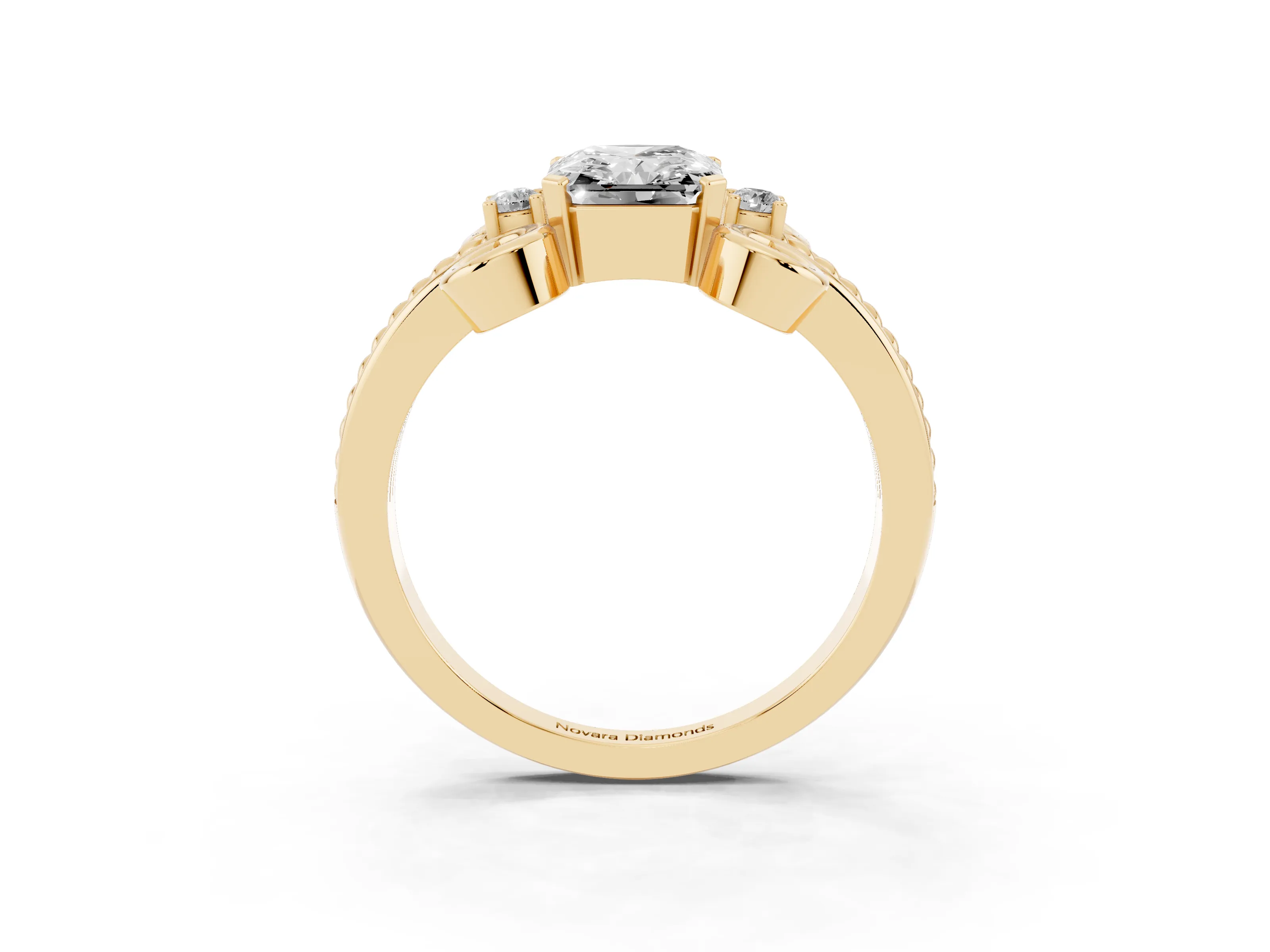 Radiant Cut Diamond Twisted Band Solitaire Ring Set in Yellow gold with Scroll Prongs