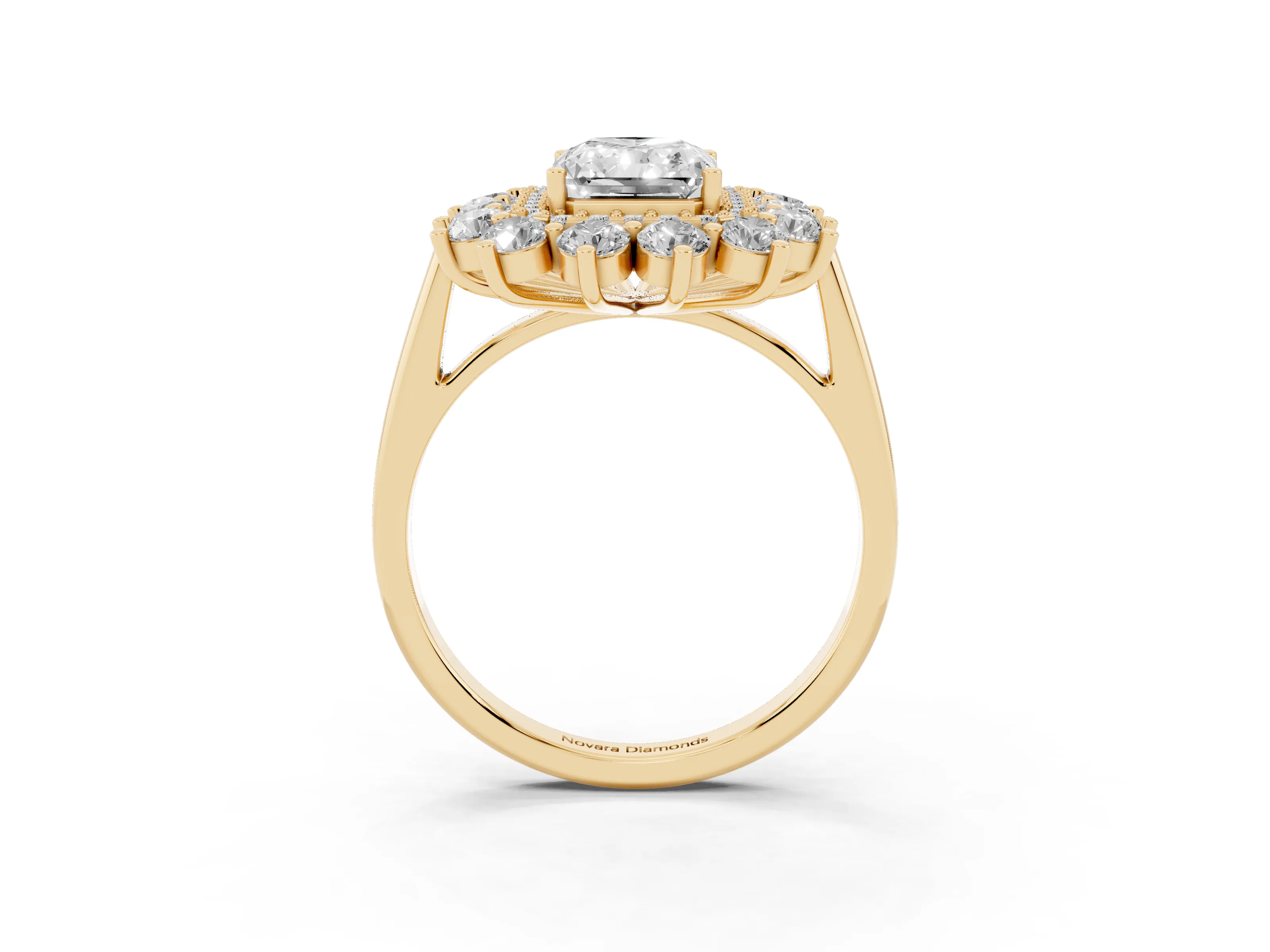 Radiant Cut Diamond Floral Double Halo Ring Set in Yellow gold with Round Petals