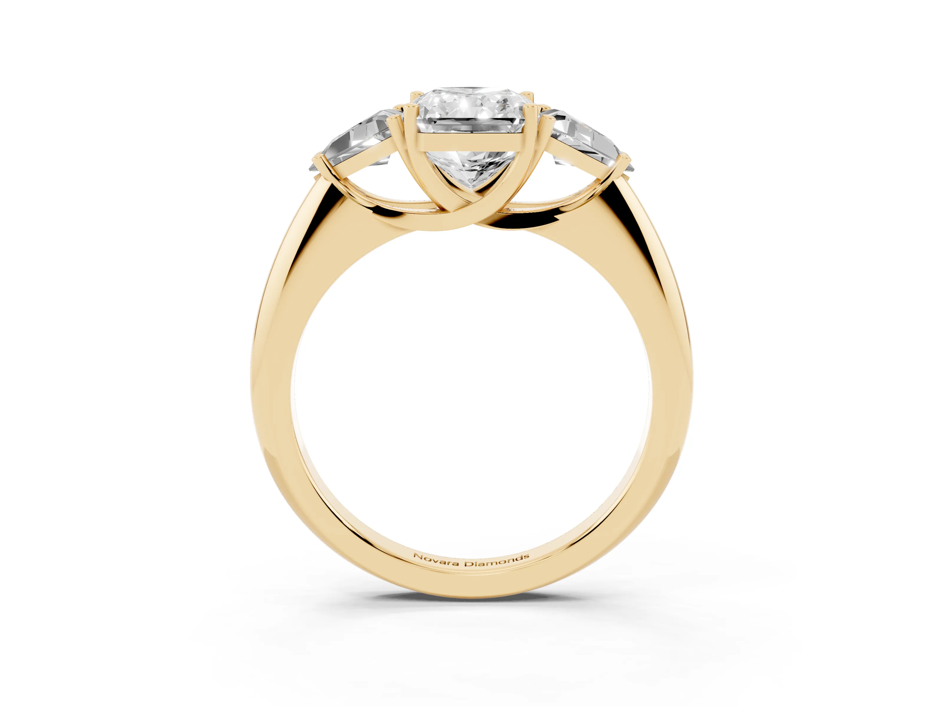 Radiant Cut Diamond Three-Stone Engagement Ring Set in Yellow gold with Trillion Side Stones