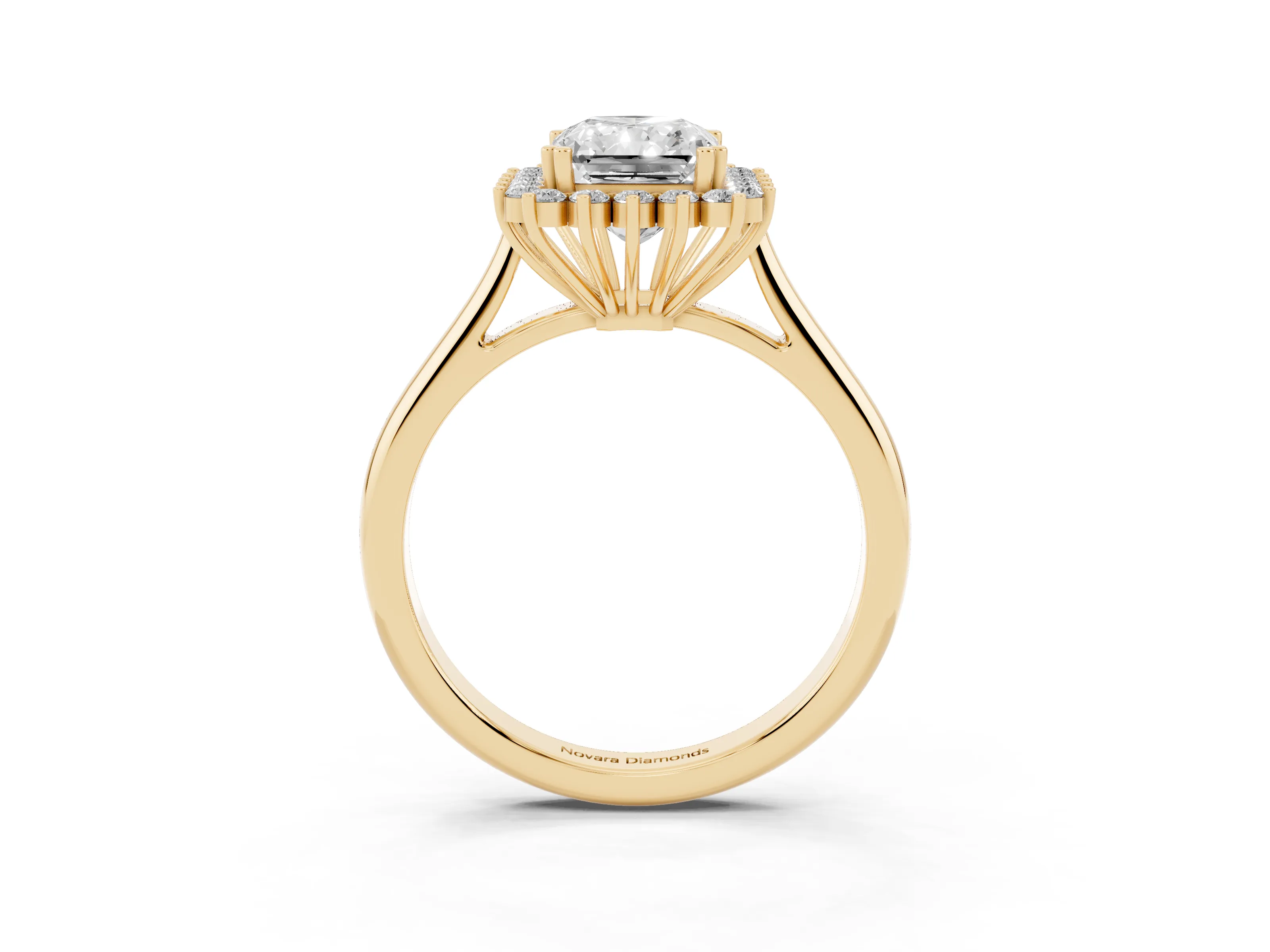Radiant Cut Diamond Halo Ring Set in Yellow gold with Plain Solitaire Band and Prong Setting