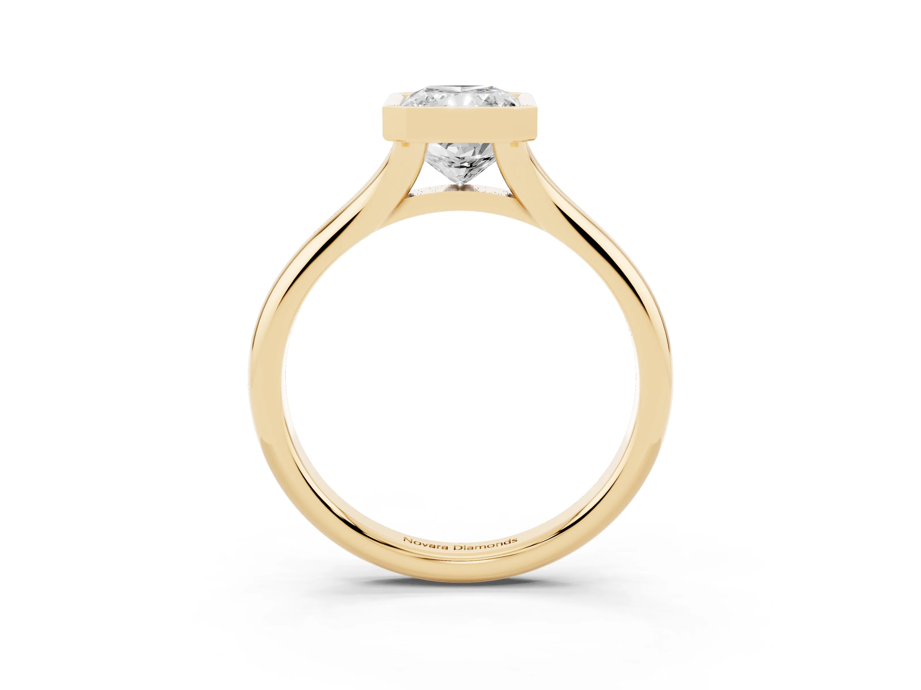 Bezel Set Radiant Cut Diamond Solitaire Ring Set in Yellow gold with Smooth Band