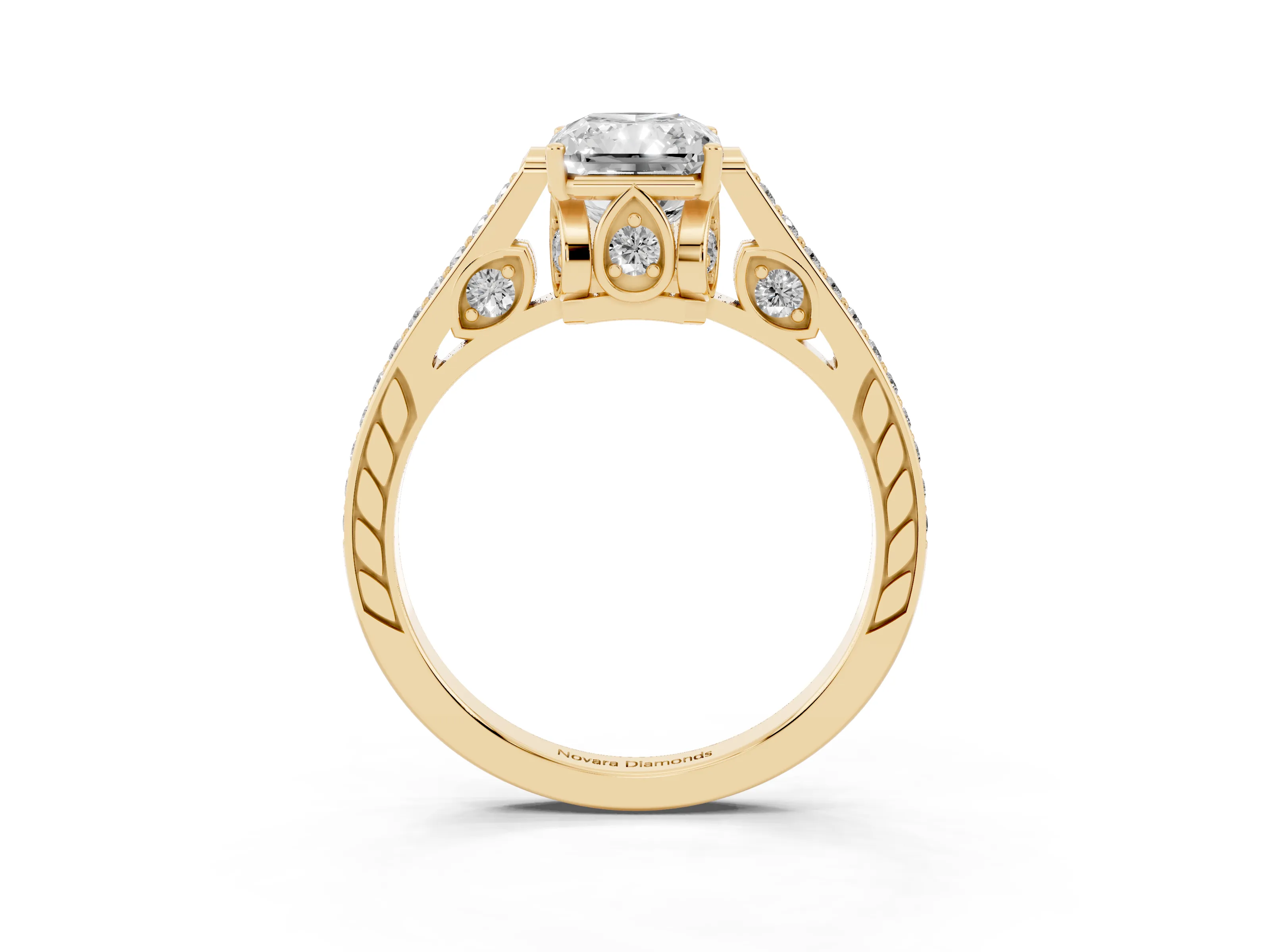 Radiant Cut Diamond Cathedral Pavé Engagement Ring Set in Yellow gold with Prong Setting