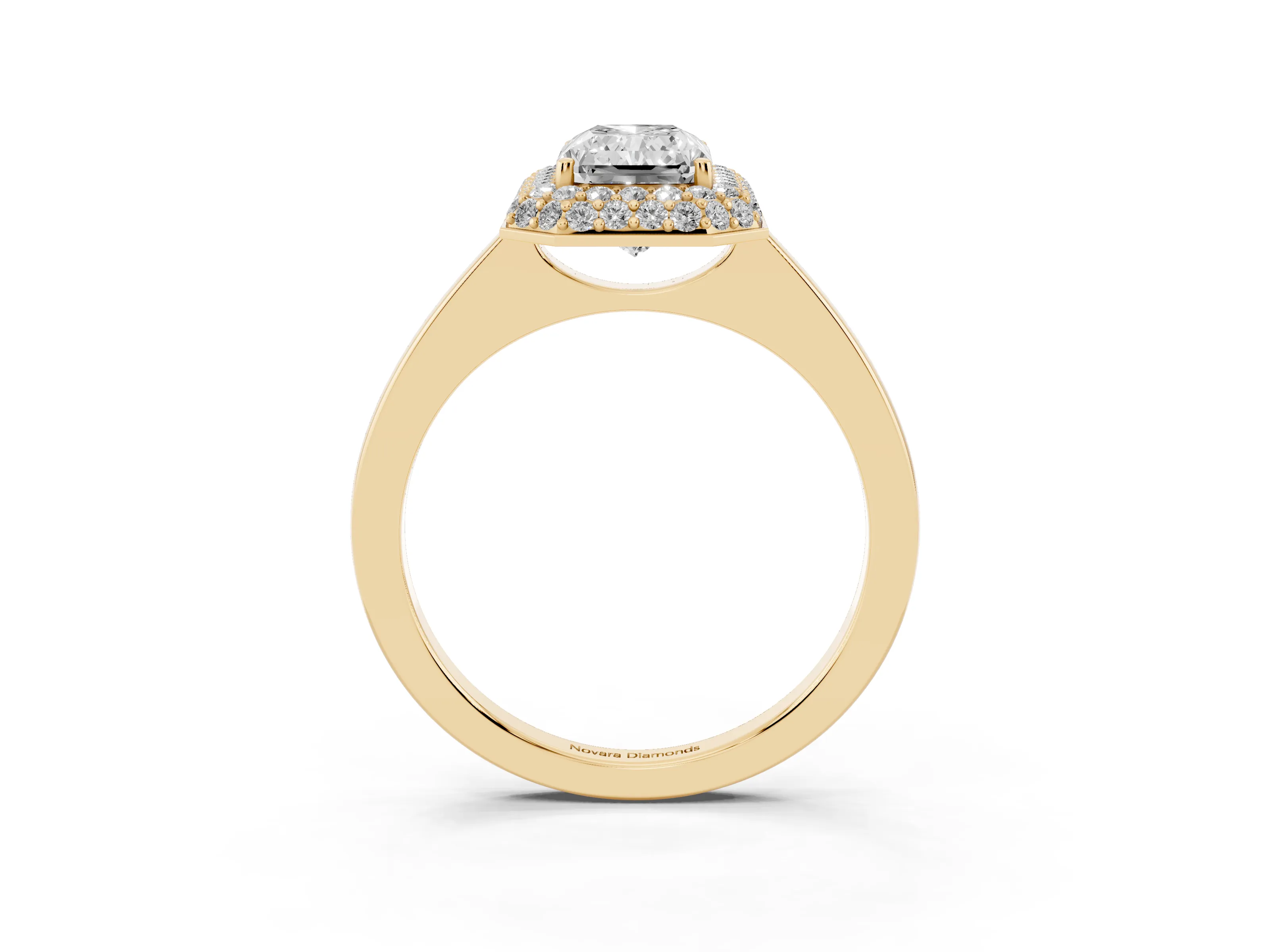Radiant Cut Diamond Halo Engagement Ring Set in Yellow gold with Solitaire Band and Prong Setting