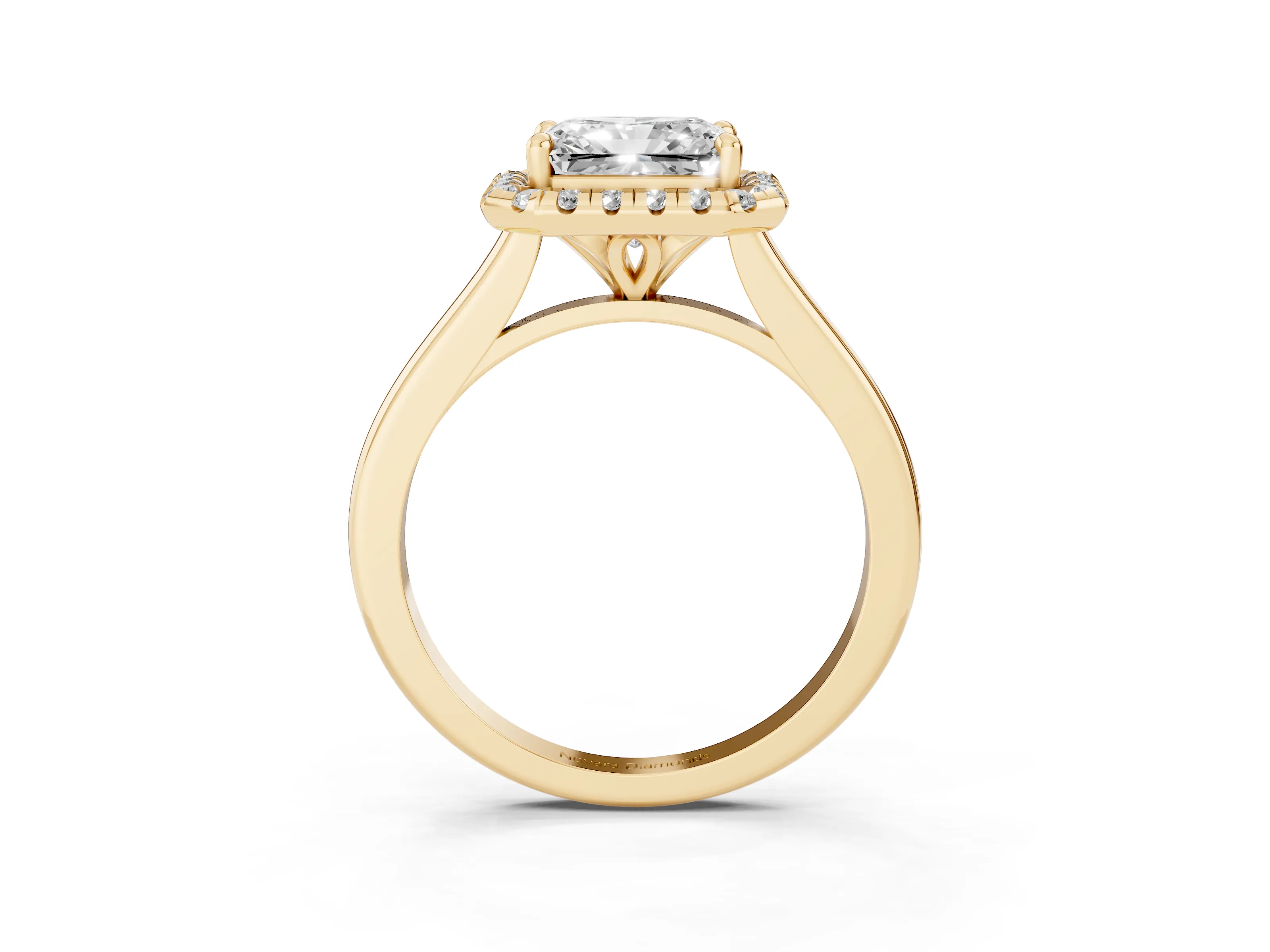 Radiant Cut Diamond Halo Engagement Ring Set in Yellow gold with Pavé Band and Rising Shoulders
