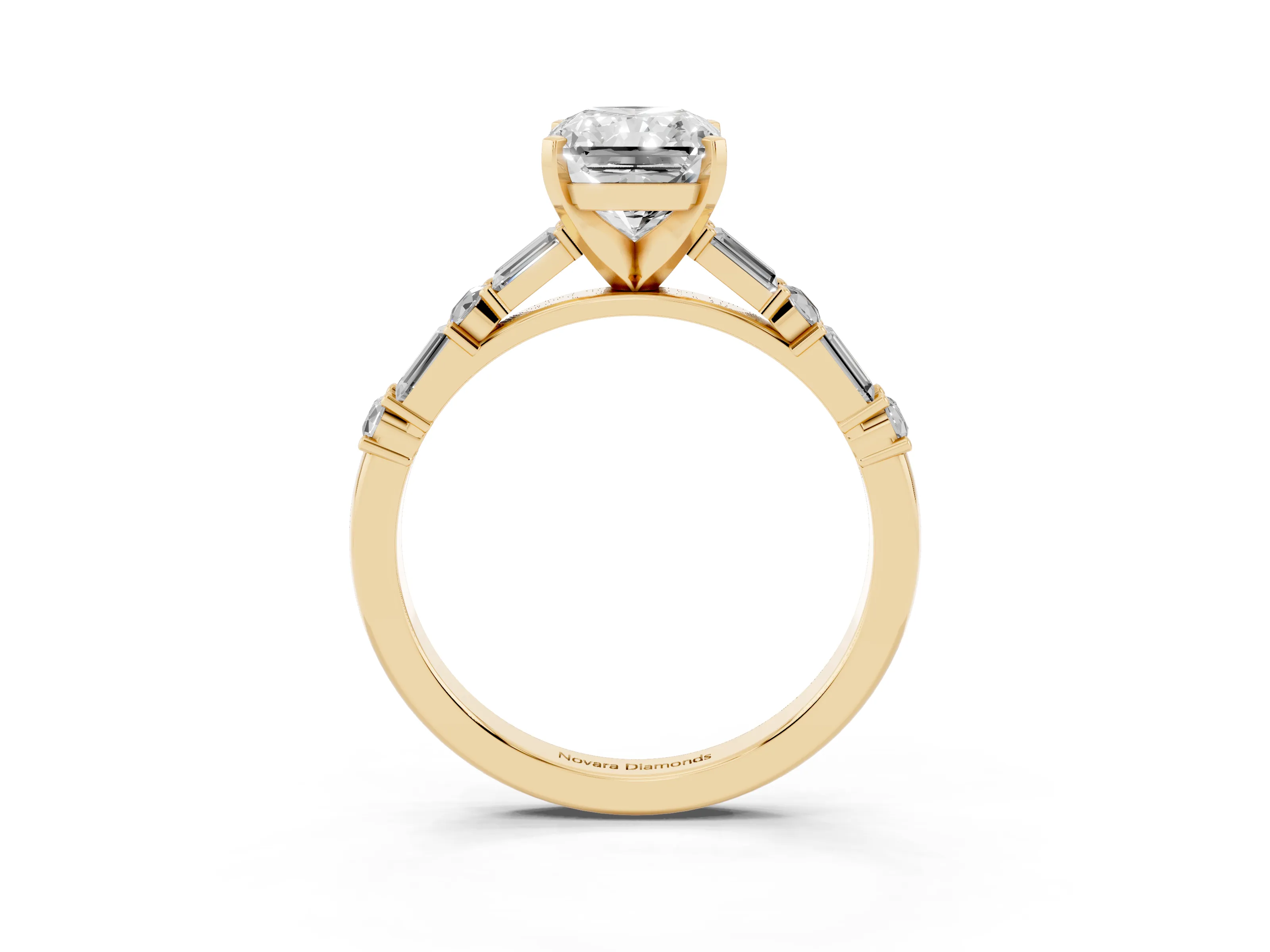 Radiant Cut Diamond Solitaire Set in Yellow gold with Side Baguettes and Channel Set Band