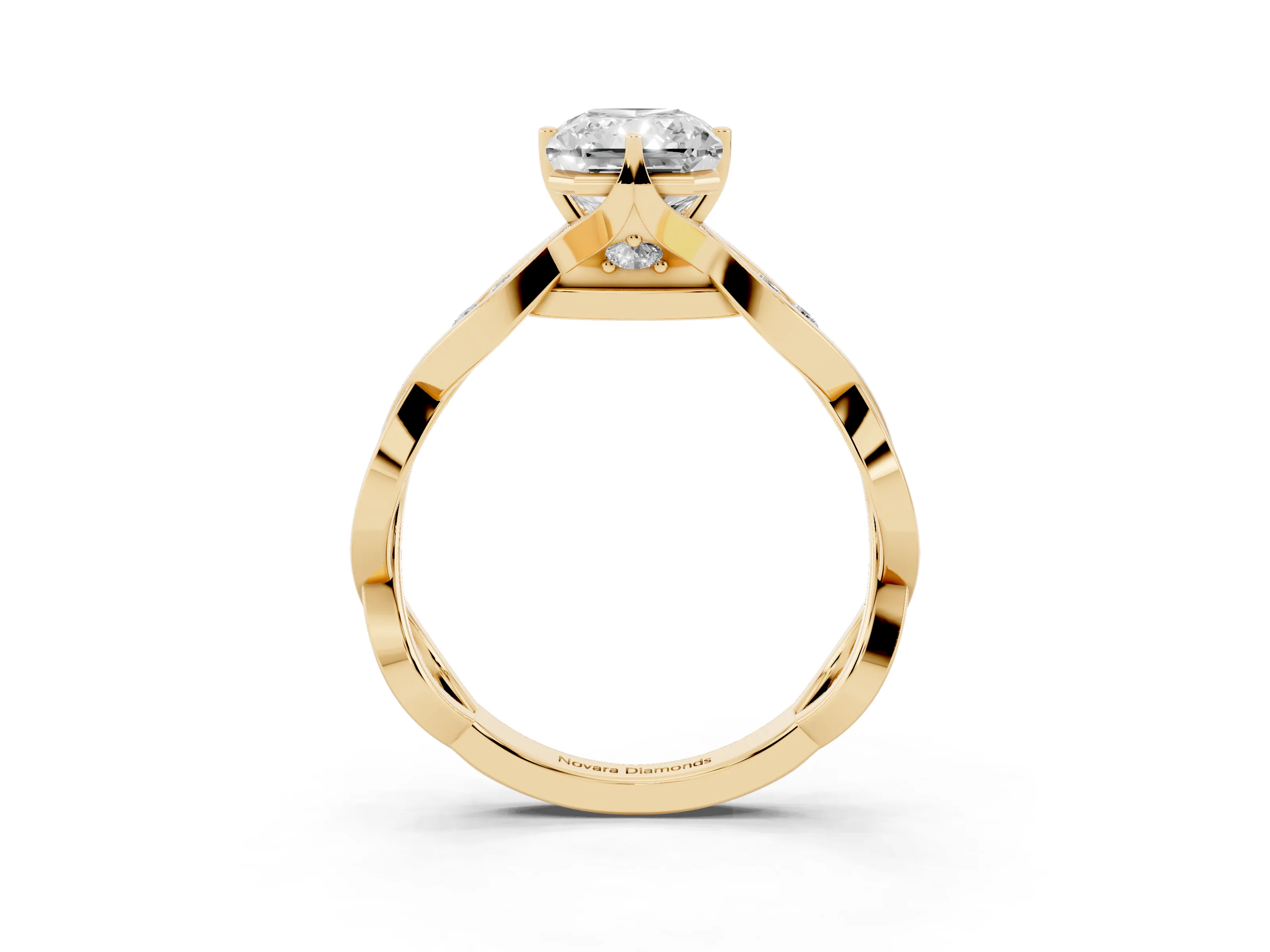 Radiant Cut Diamond Twist Band Solitaire Ring Set in Yellow gold with Leaf Prong Setting and Accent Stones