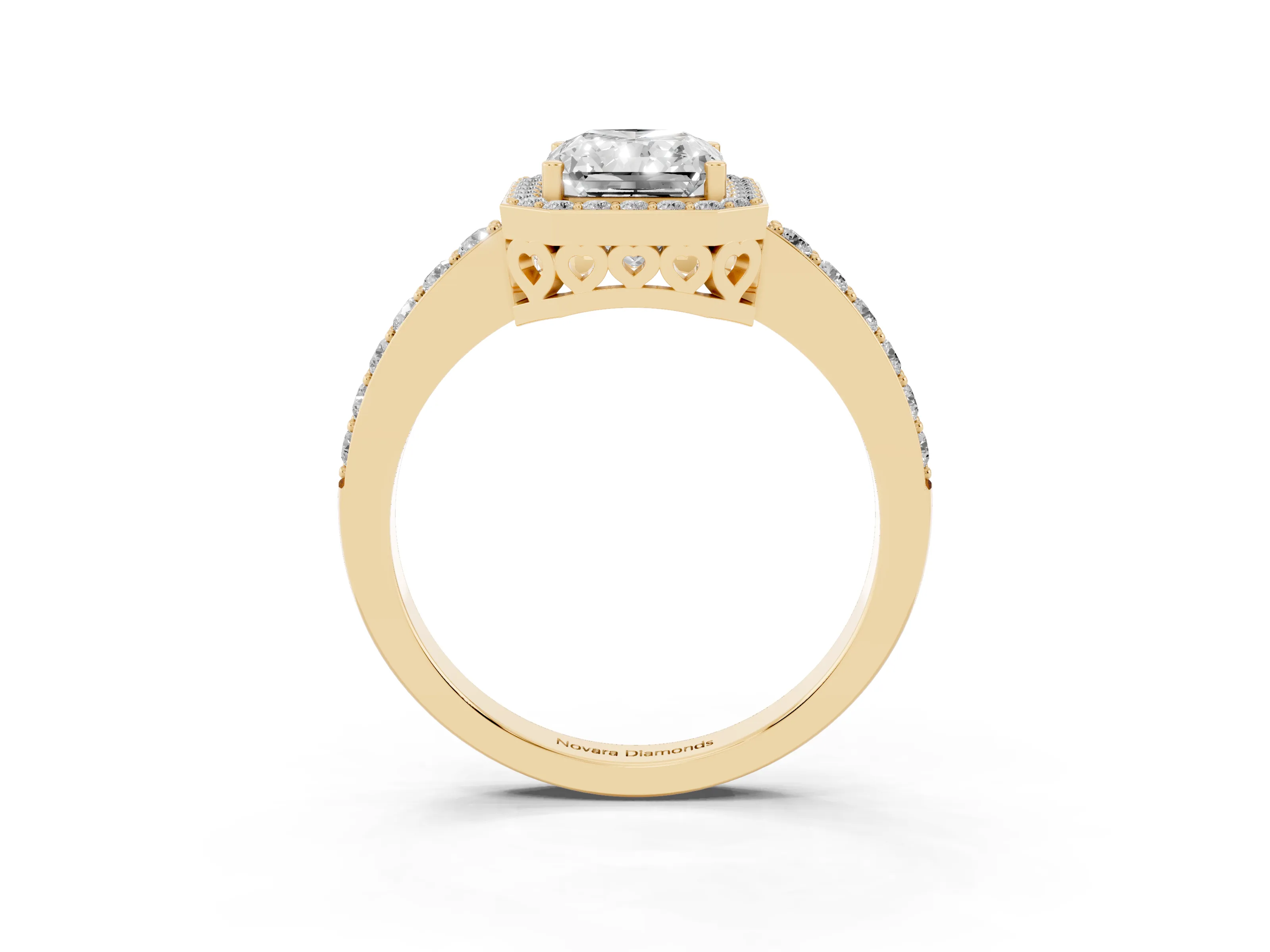 Radiant Cut Diamond Halo Ring Set in Yellow gold with Pavé-Setting Band and Open Prong Center