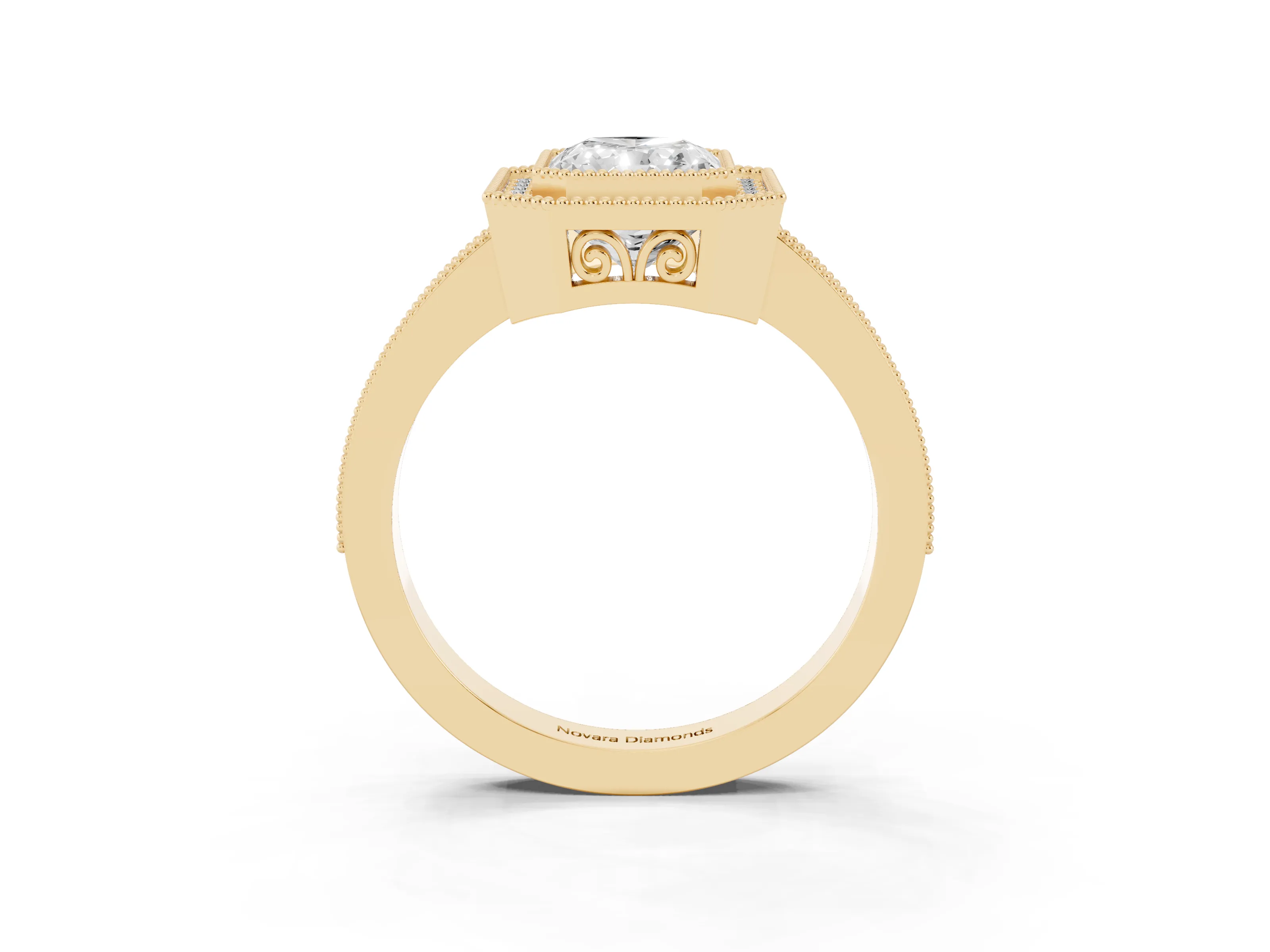 Radiant Cut Diamond Halo Ring Set in Yellow gold with Pavé Band and Milgrain-Edged Prongs