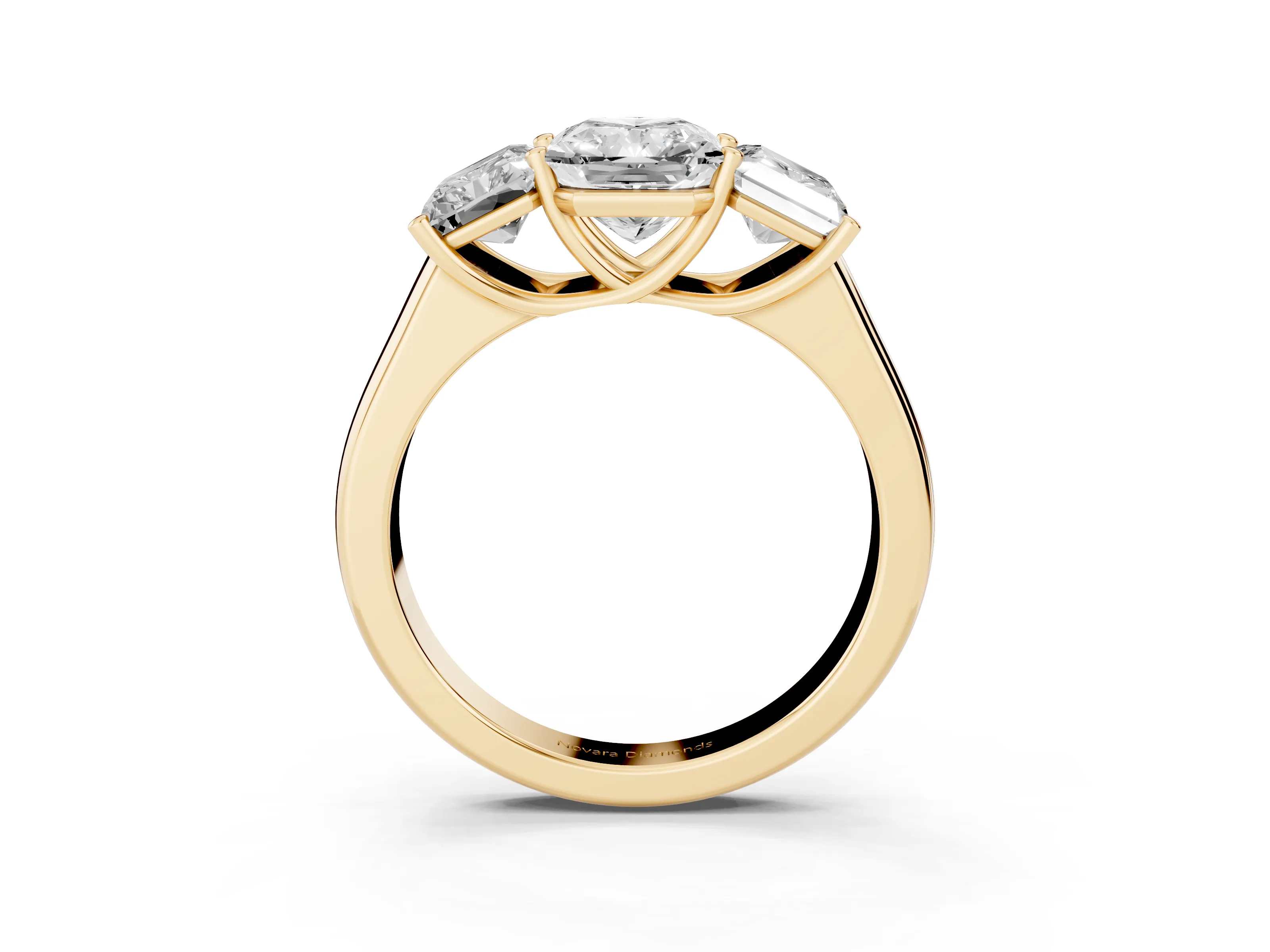 Radiant Cut Diamond Three-Stone Ring Set in Yellow gold with Plain Polished Band