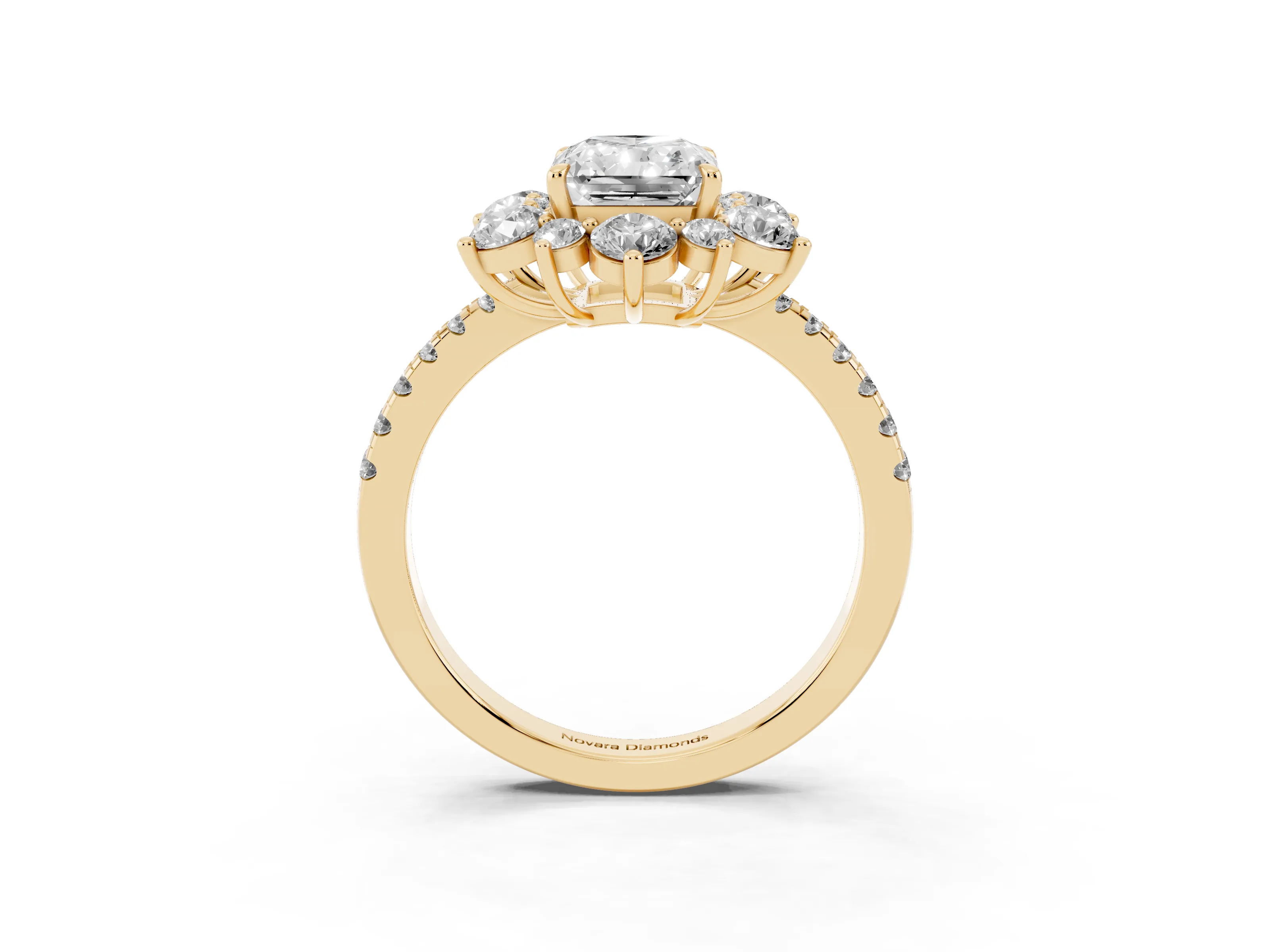 Radiant Cut Diamond Floral Halo Ring Set in Yellow gold with Round Pavé Band and Prong Setting