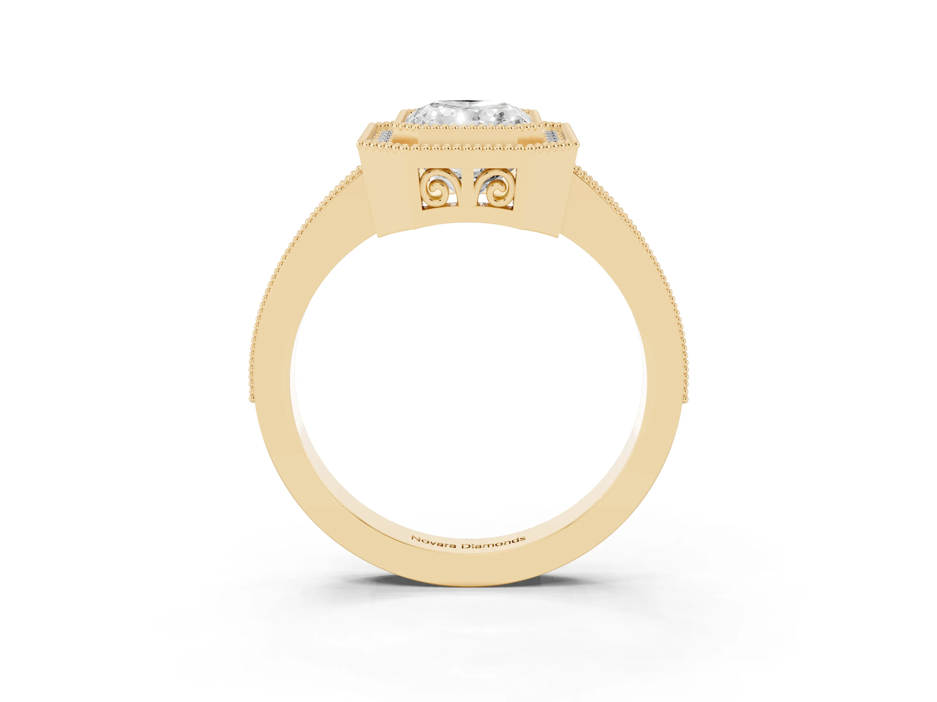 Radiant Cut Diamond Round Halo Ring Set in Yellow gold with Pavé Band