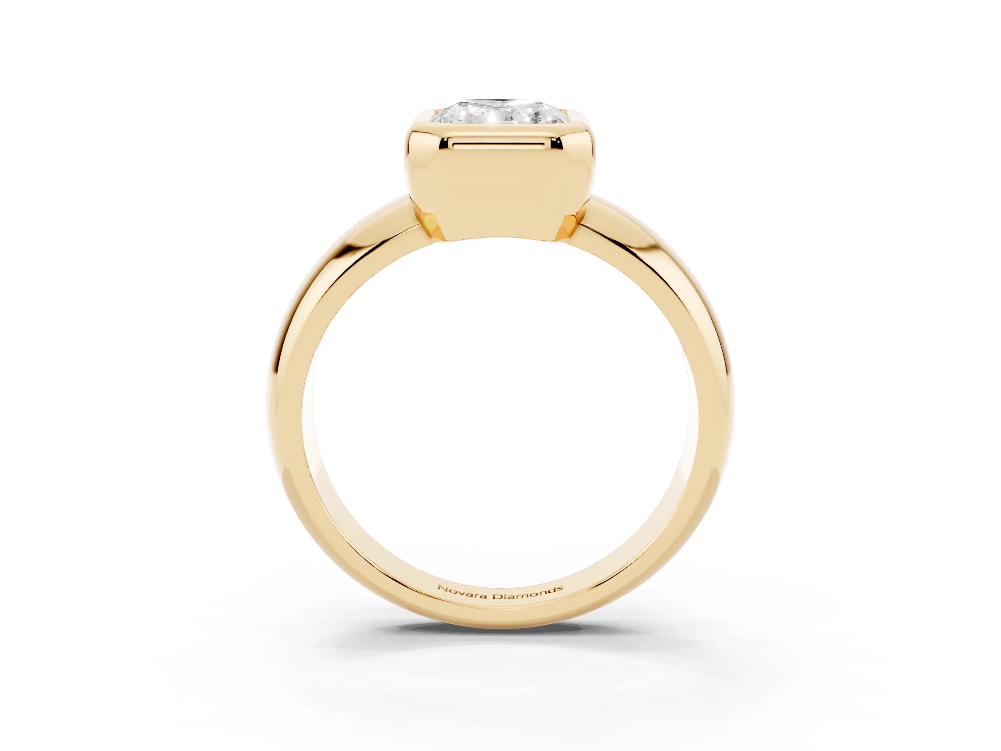 Bezel Set Radiant Cut Diamond Solitaire Ring Set in Yellow gold with Wide Band