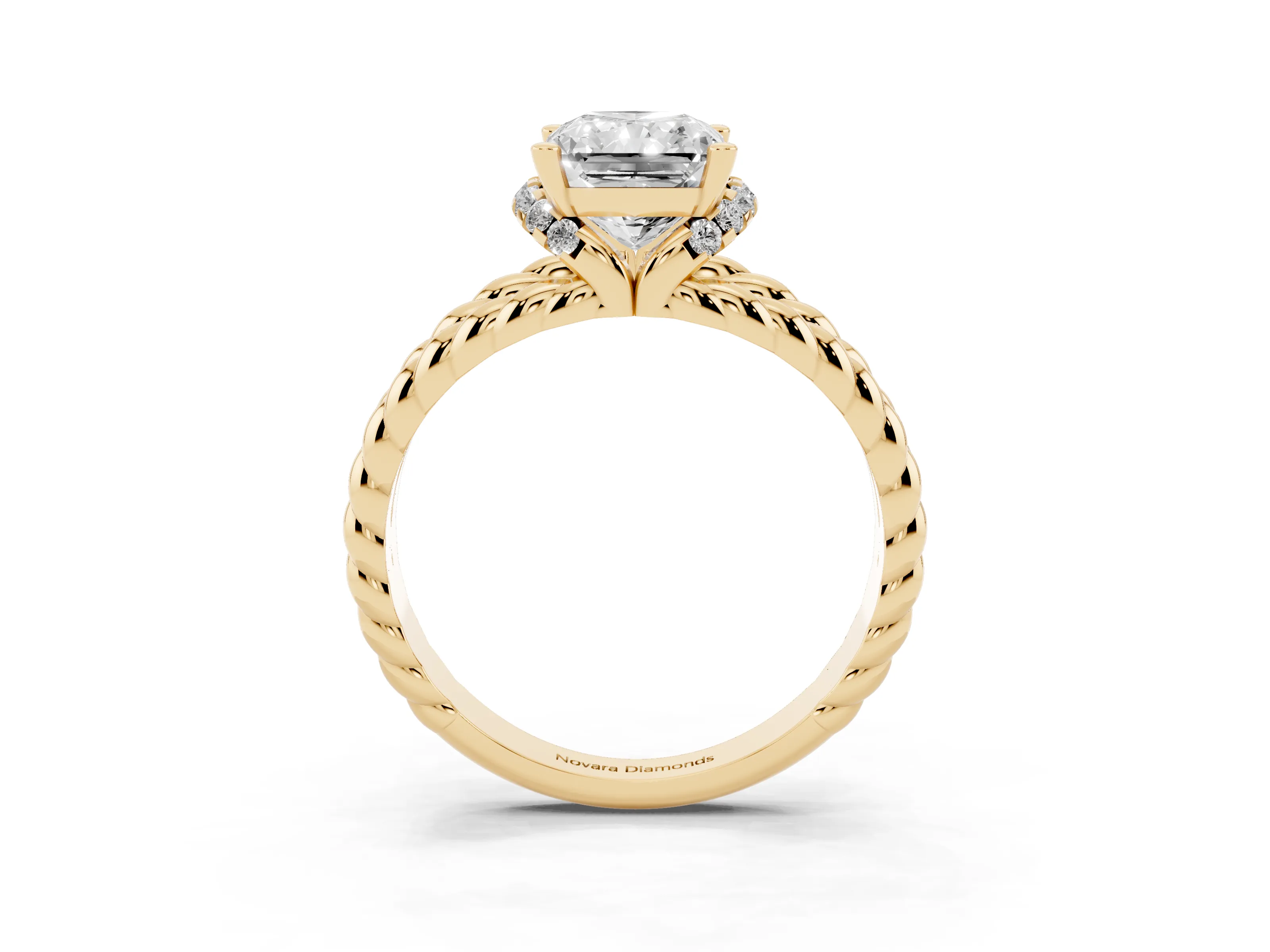 Radiant Cut Diamond Halo Ring Set in Yellow gold with Twisted Band and Prong Setting