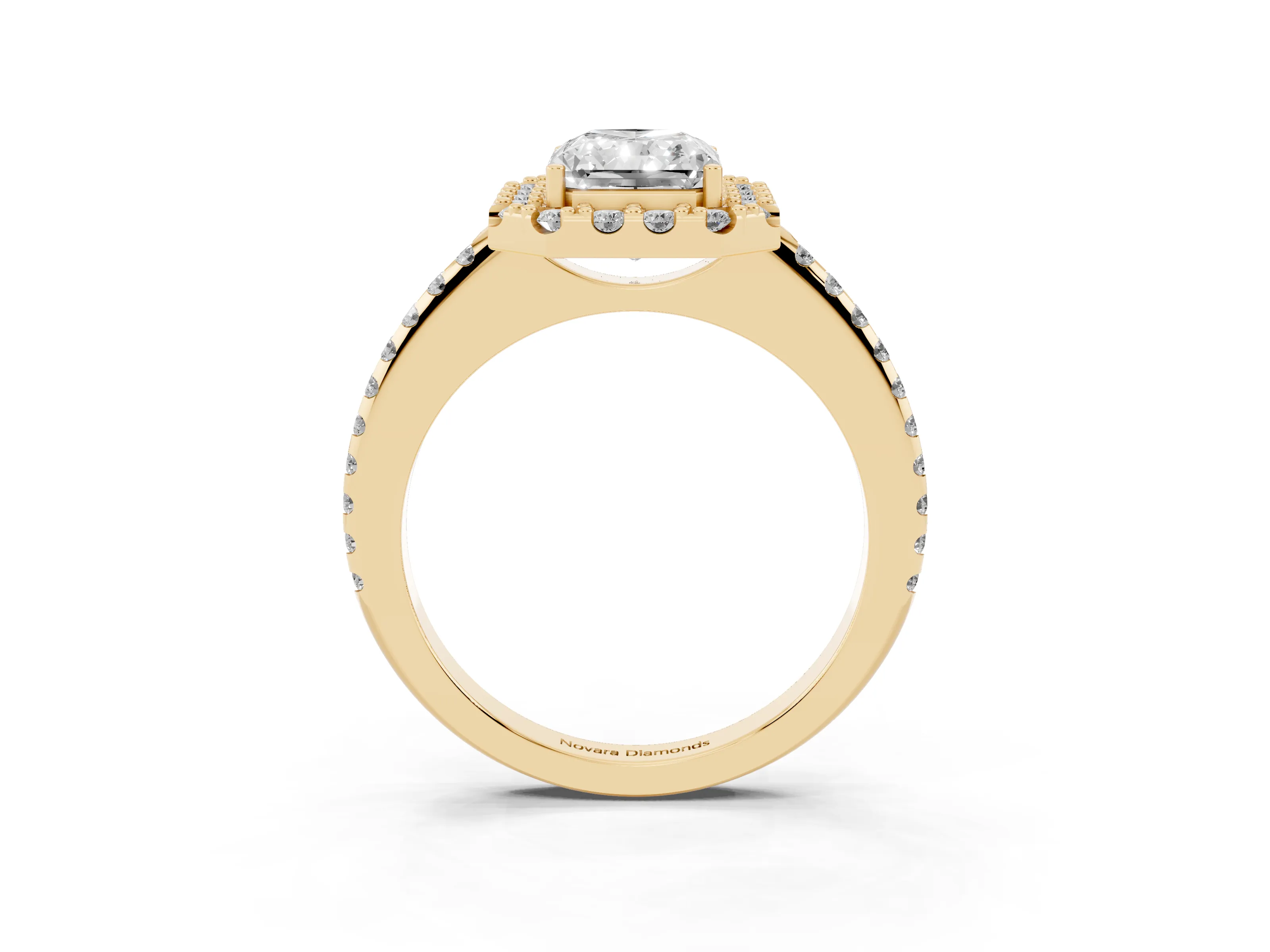 Radiant Cut Diamond Pavé Halo Ring Set in Yellow gold with Prong Setting