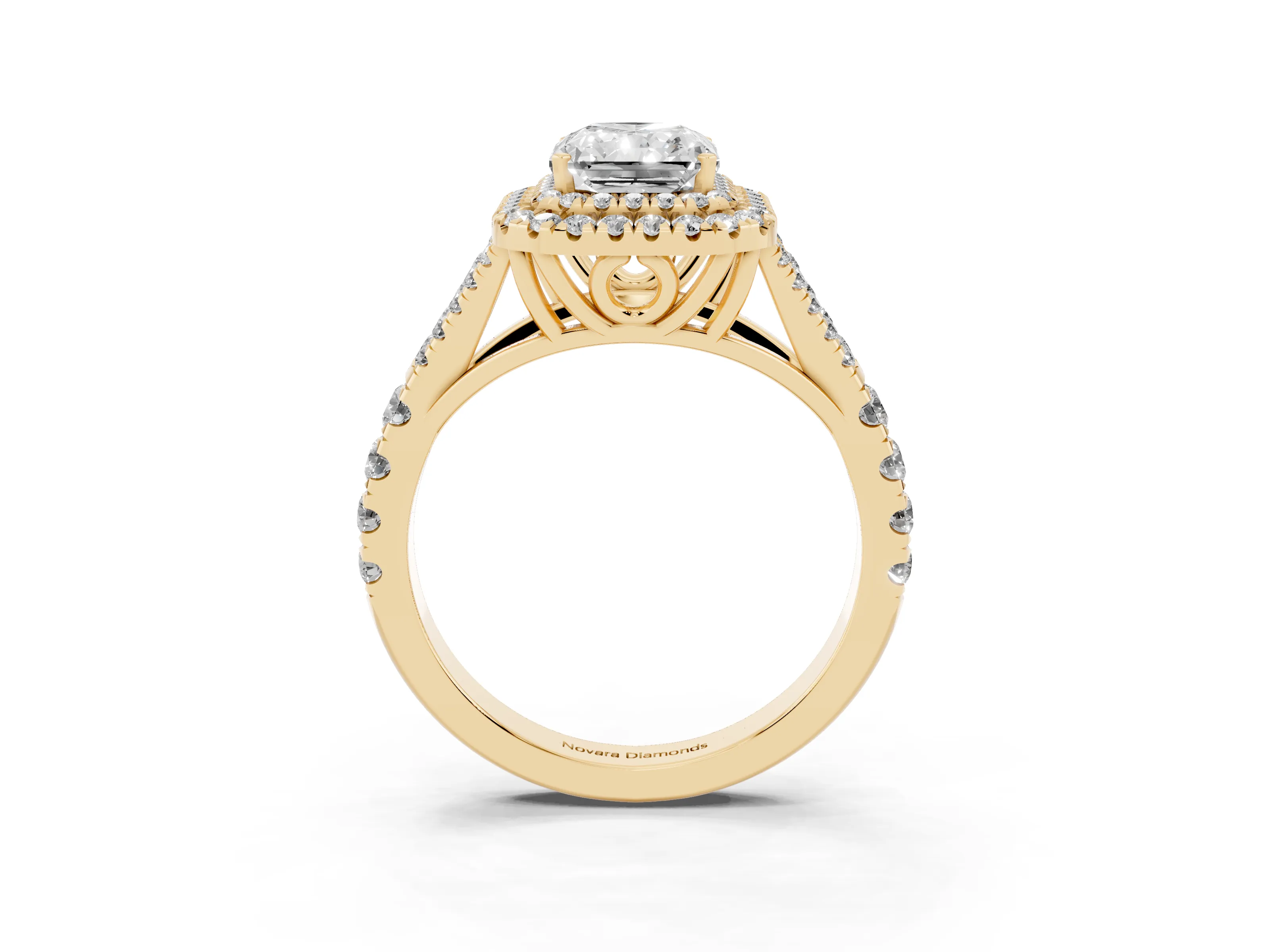 Radiant Cut Diamond Pavé Split Shank Double Halo Engagement Ring Set in Yellow gold