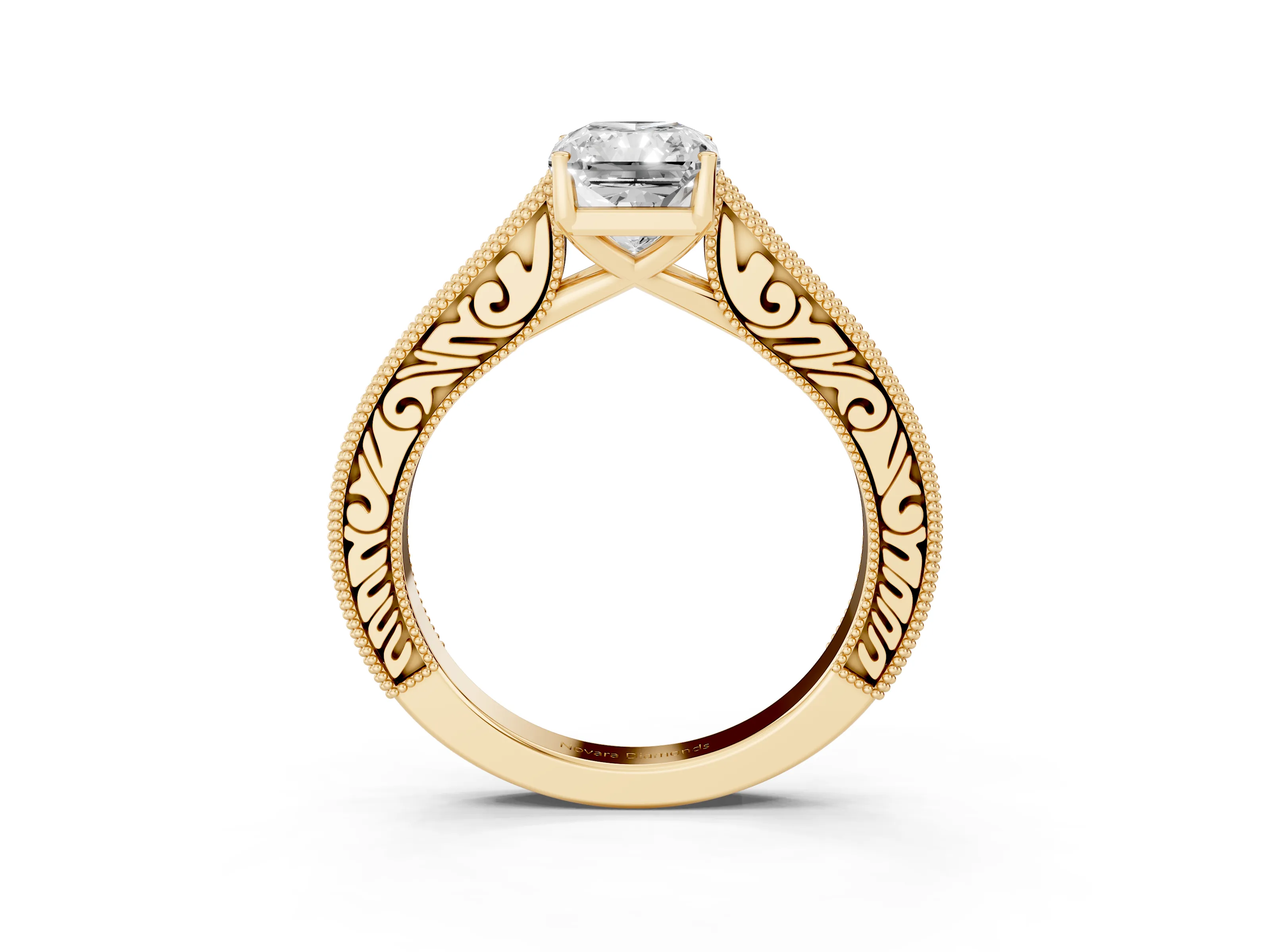 Radiant Cut Diamond Milgrain Pavé Band Solitaire Ring Set in Yellow gold with Prong Setting