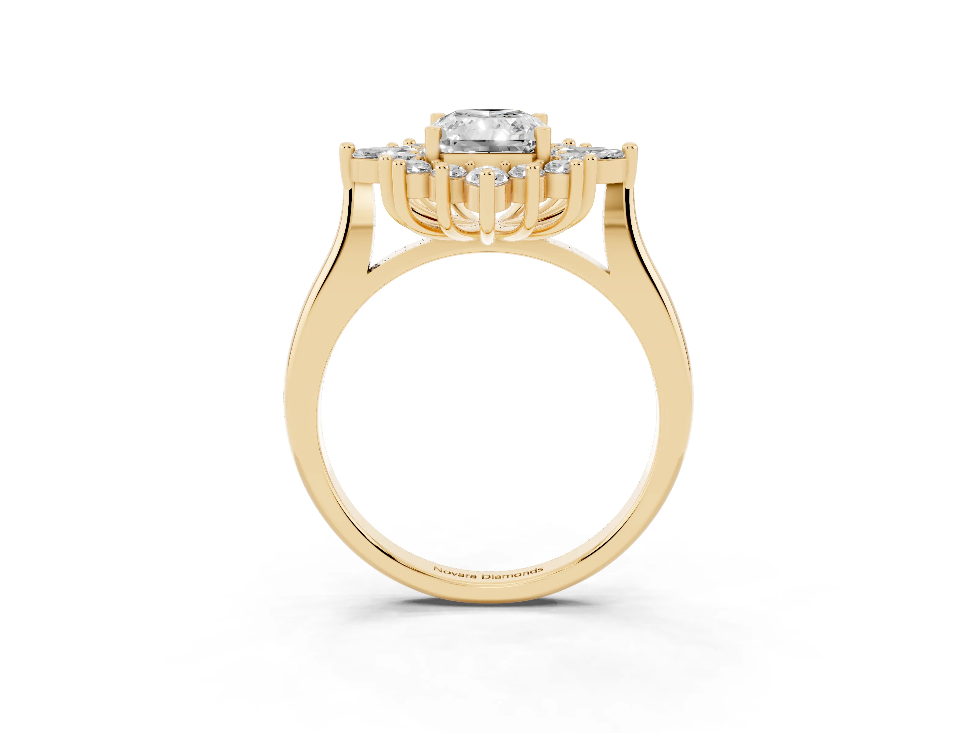 Radiant Cut Diamond Cluster Halo Ring Set in Yellow gold with Marquise and Round Accents