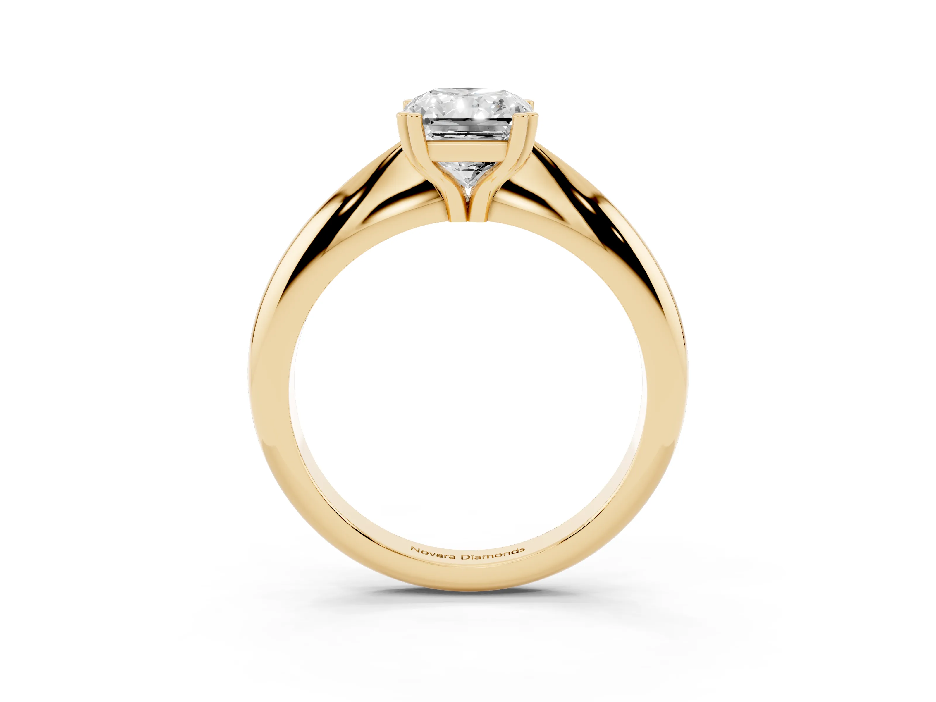 Radiant Cut Diamond Solitaire Engagement Ring Set in Yellow gold with Tapered Band and Prong Setting