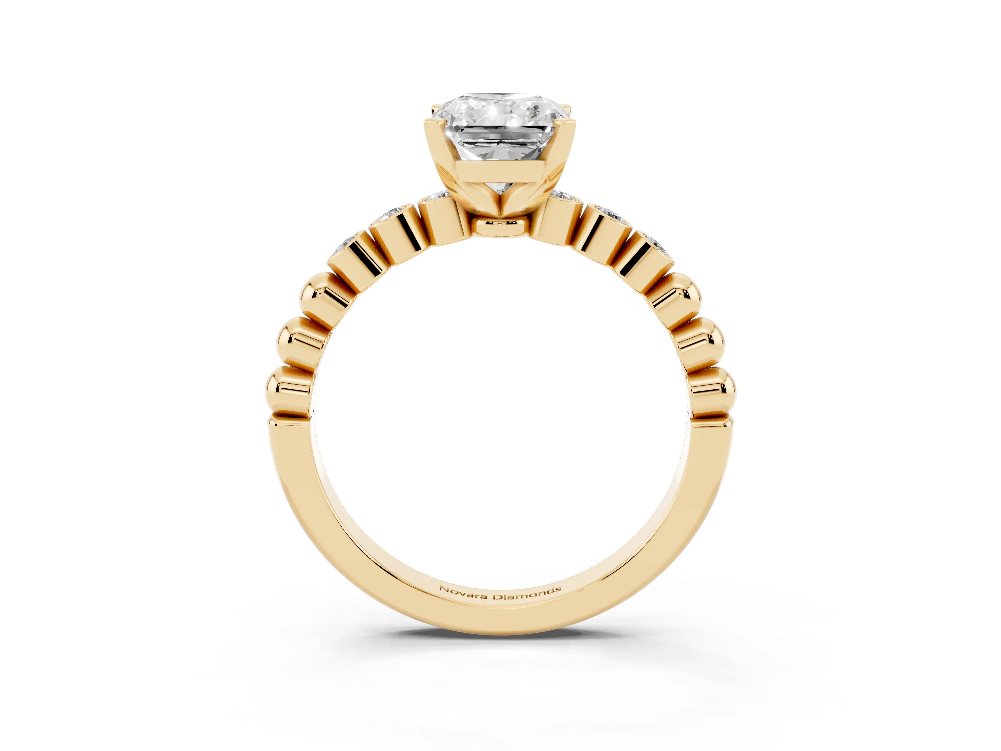 Radiant Cut Diamond Solitaire Engagement Ring Set in Yellow gold with Bezel Accents on Beaded Band