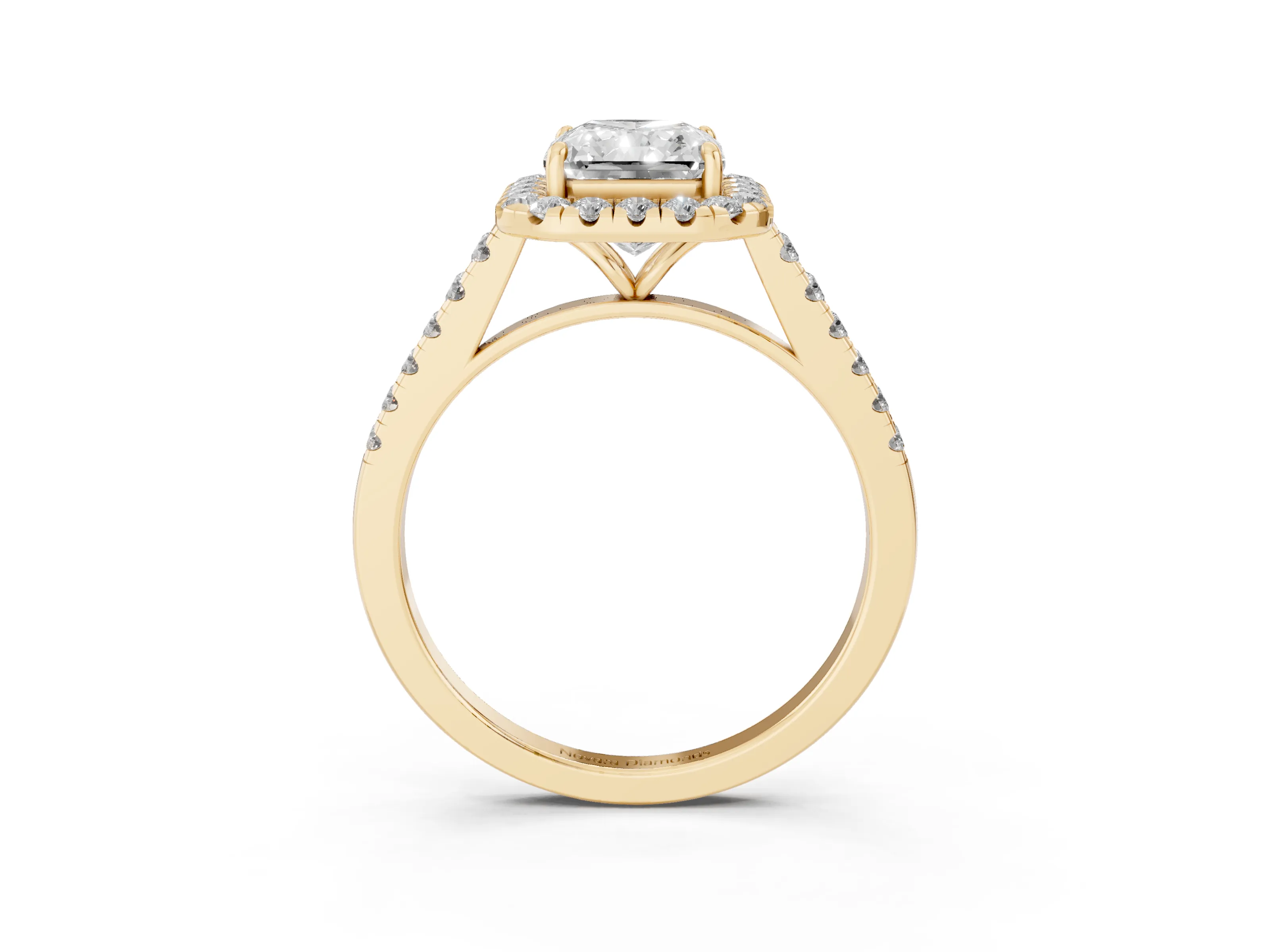 Radiant Cut Diamond Halo Pavé Engagement Ring Set in Yellow gold with Prong Setting
