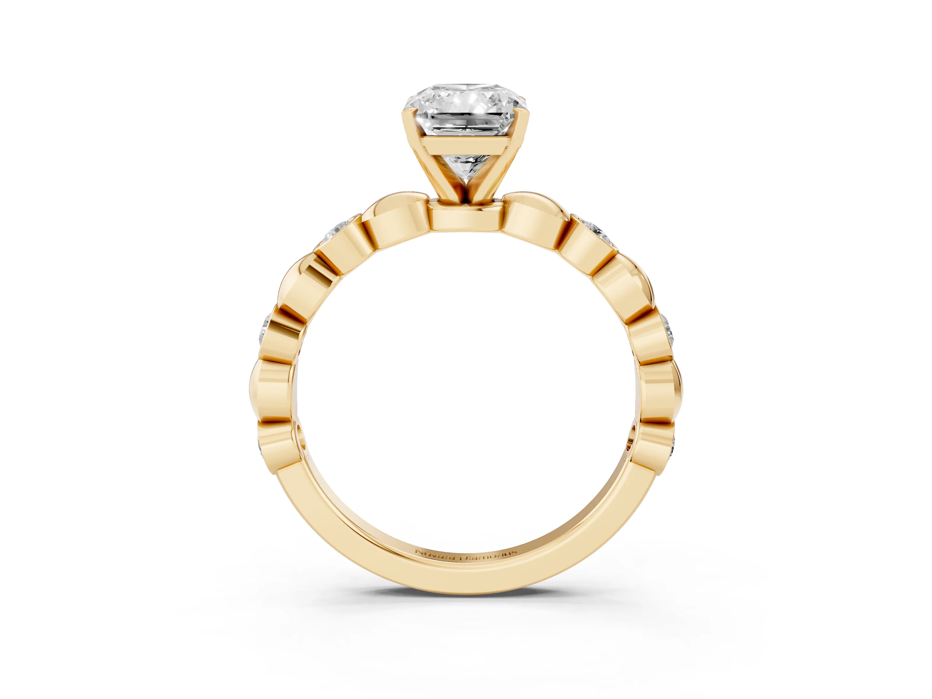 Radiant Cut Diamond Solitaire Ring Set in Yellow gold with Bezel-Set Accents on Beaded Band and Prong Setting