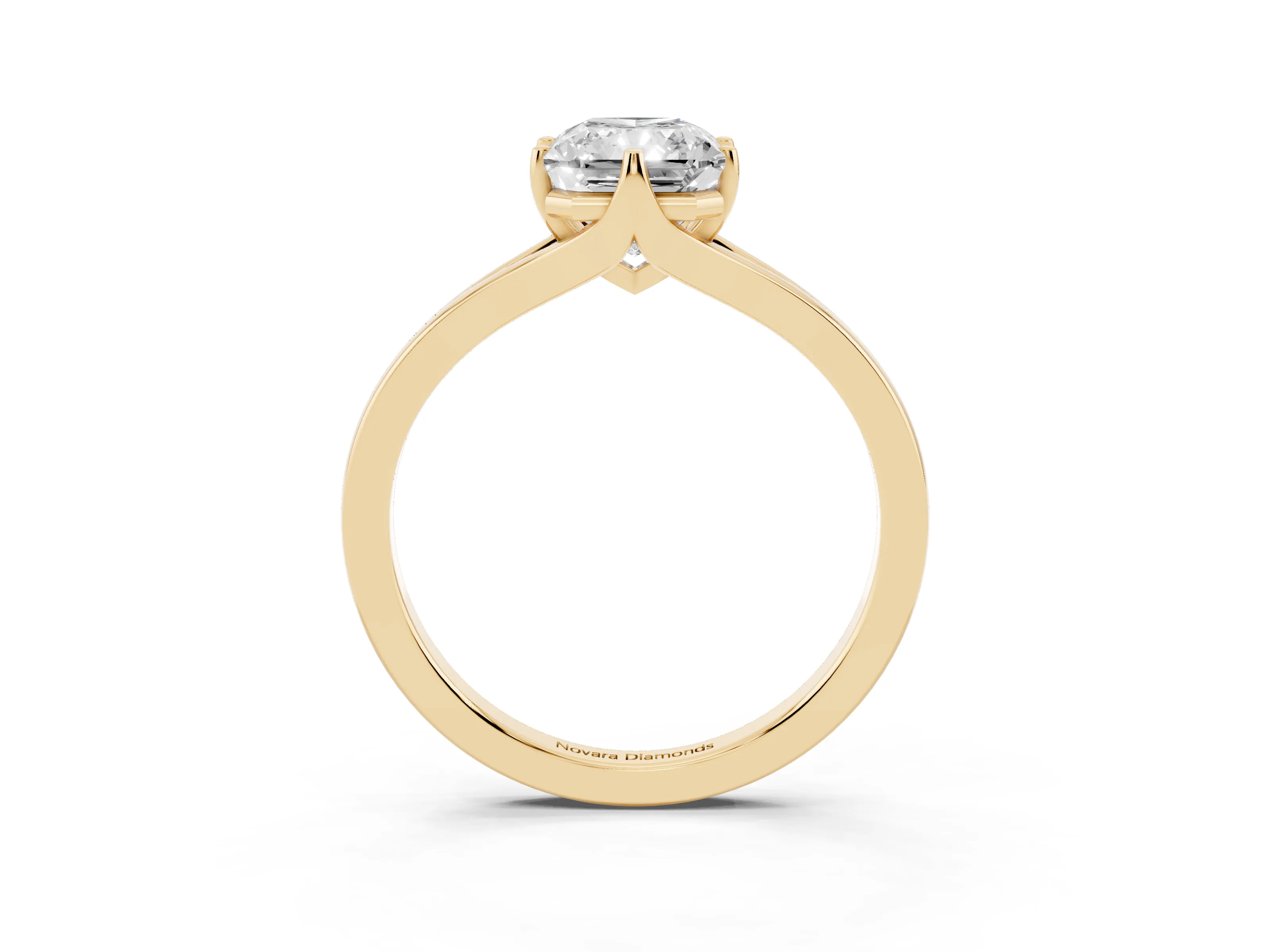 Radiant Cut Diamond Solitaire Ring Set in Yellow gold with Polished Tapered Band and Prong Setting