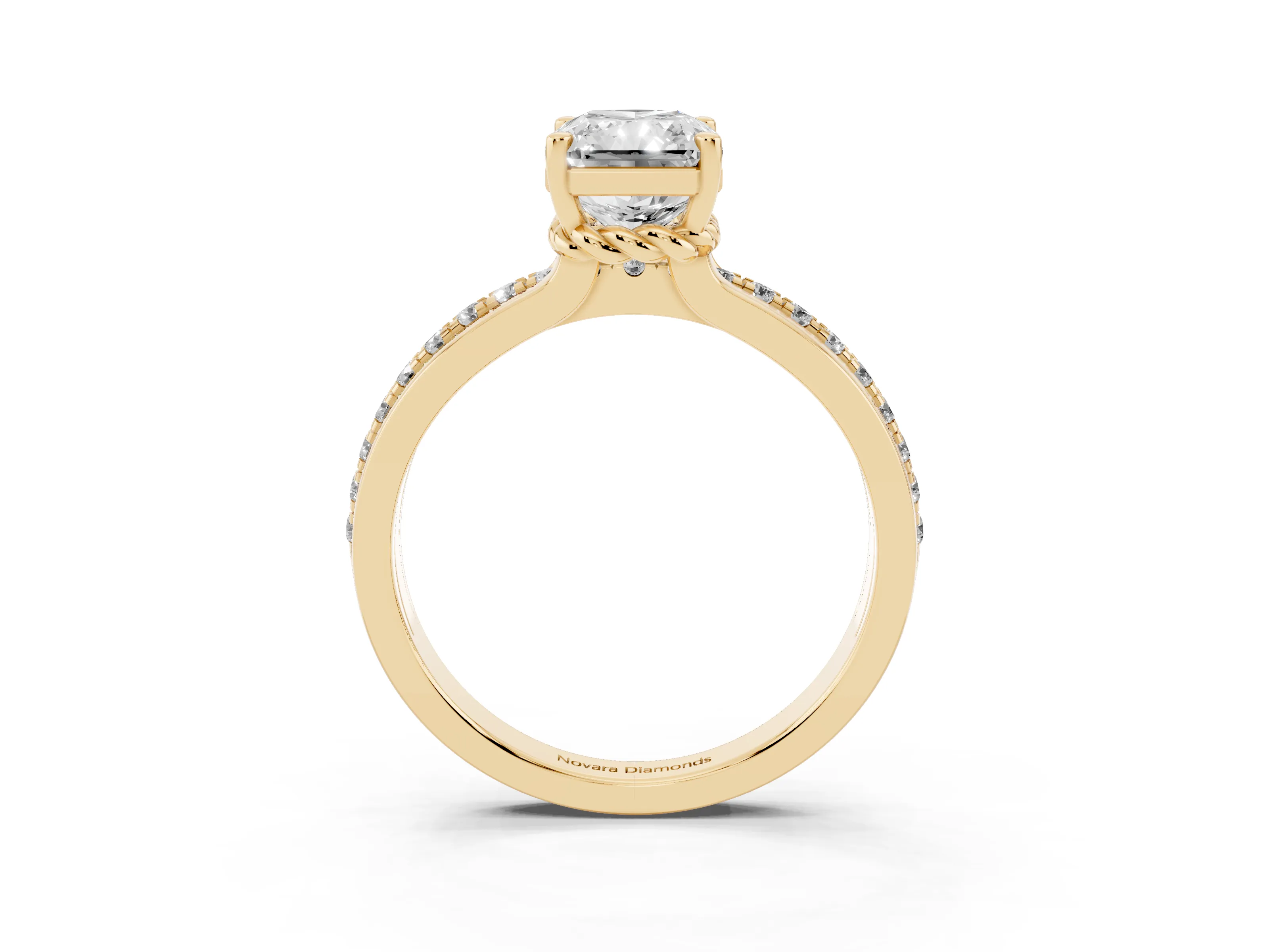 Radiant Cut Diamond Solitaire Ring Set in Yellow gold with Channel Set Band and Prong Setting