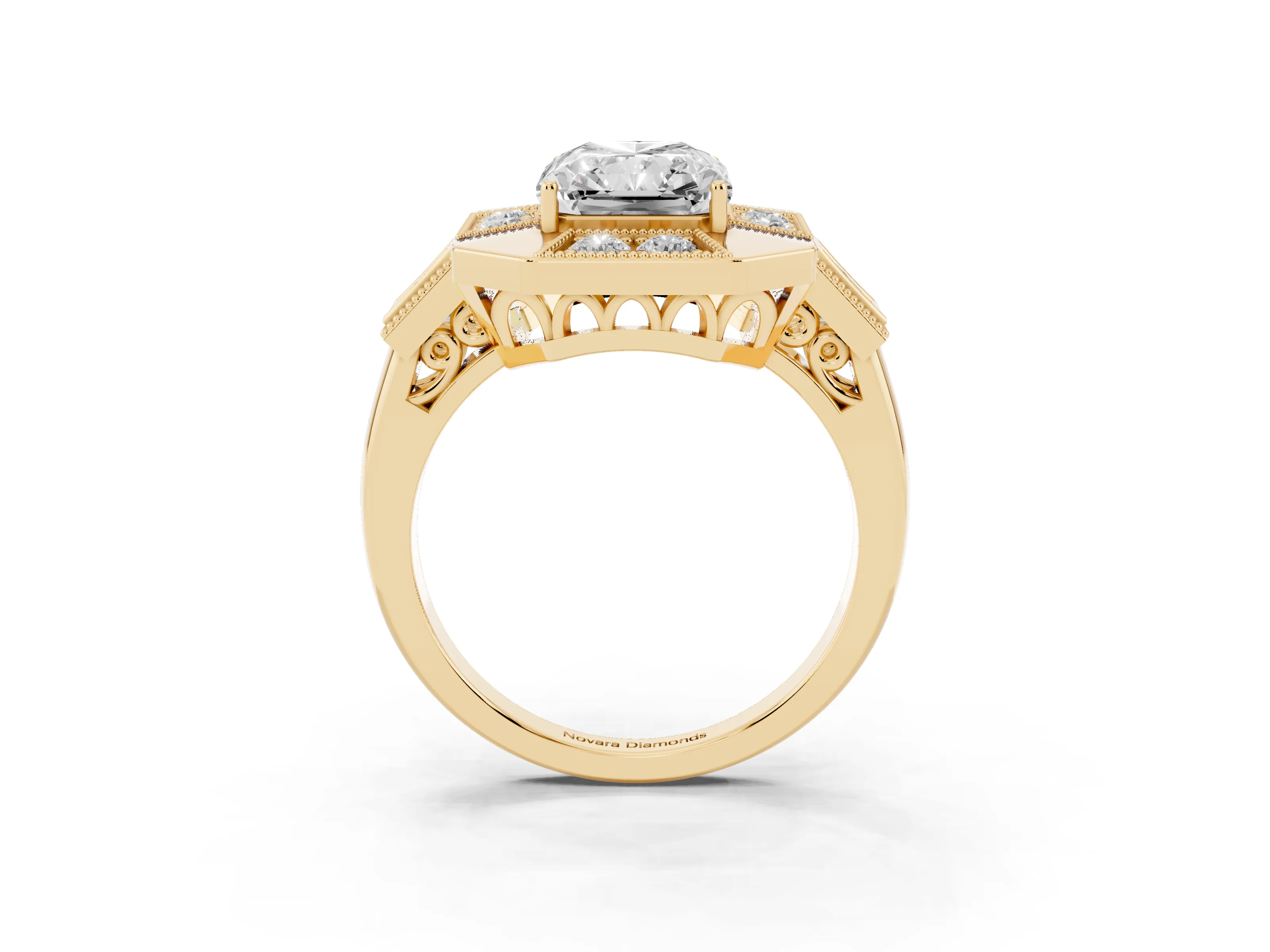 Radiant Cut Diamond Milgrain Halo Ring Set in Yellow gold with Split Shank