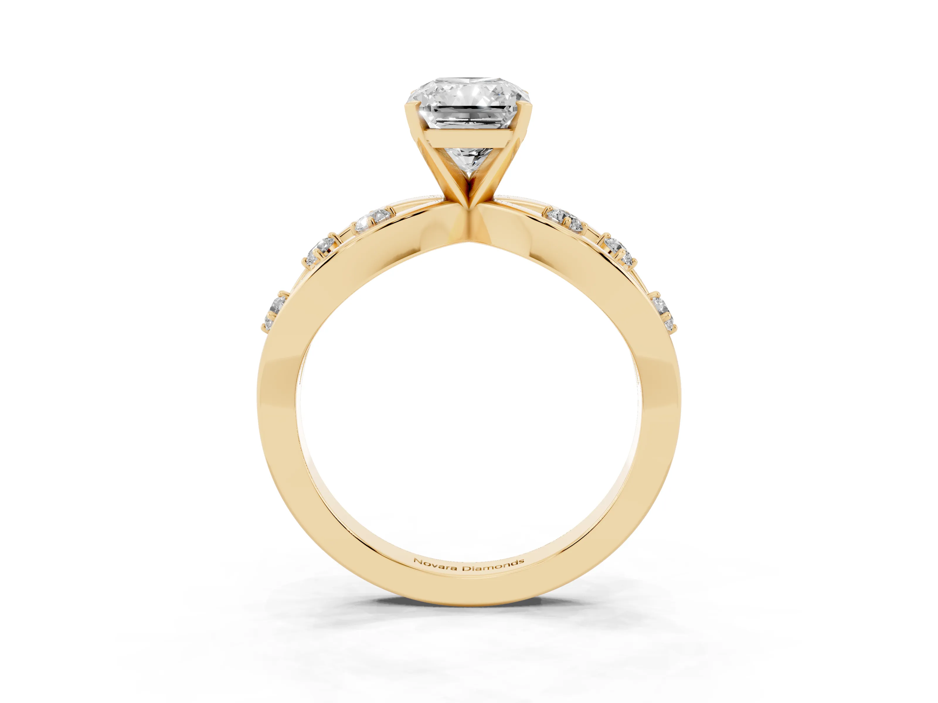 Radiant Cut Diamond Solitaire Ring Set in Yellow gold with Side Stones on Criss-Cross Band and Prong Setting