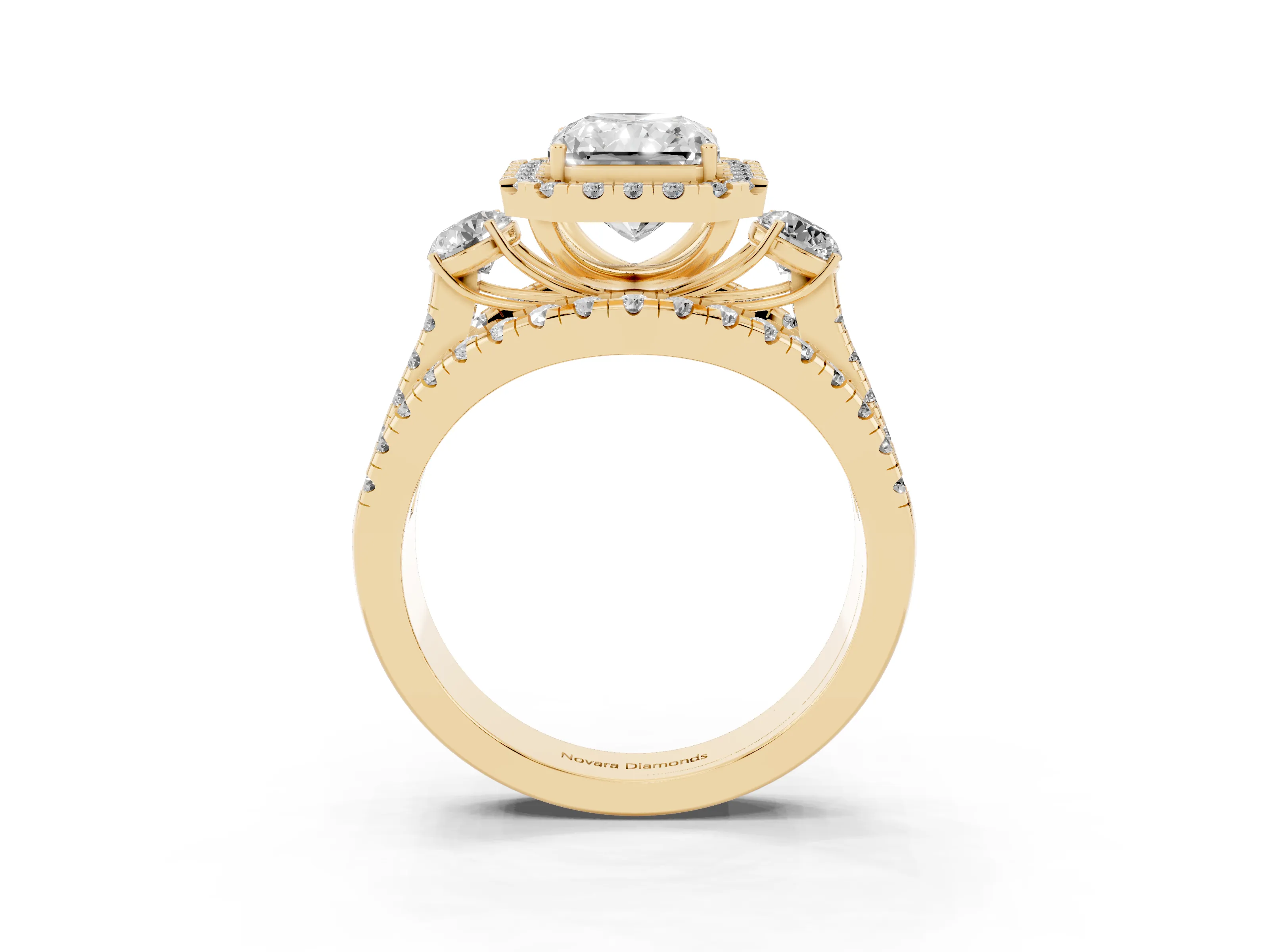 Radiant Cut Diamond Halo Split Shank Ring Set in Yellow gold with Round Accent Stones and Prong Setting