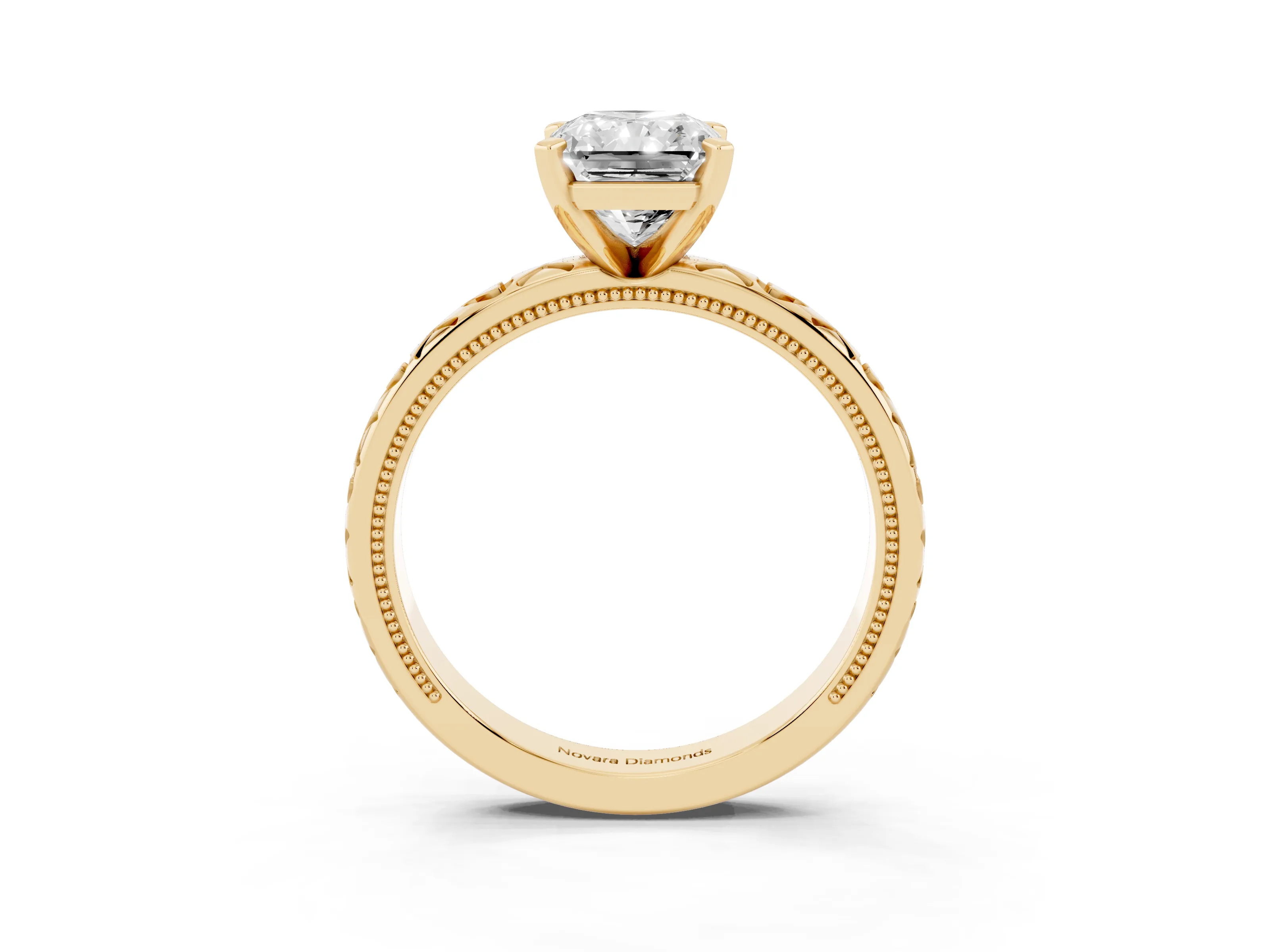 Radiant Cut Diamond Solitaire Engagement Ring Set in Yellow gold with XO Engraved Band and Prong Setting