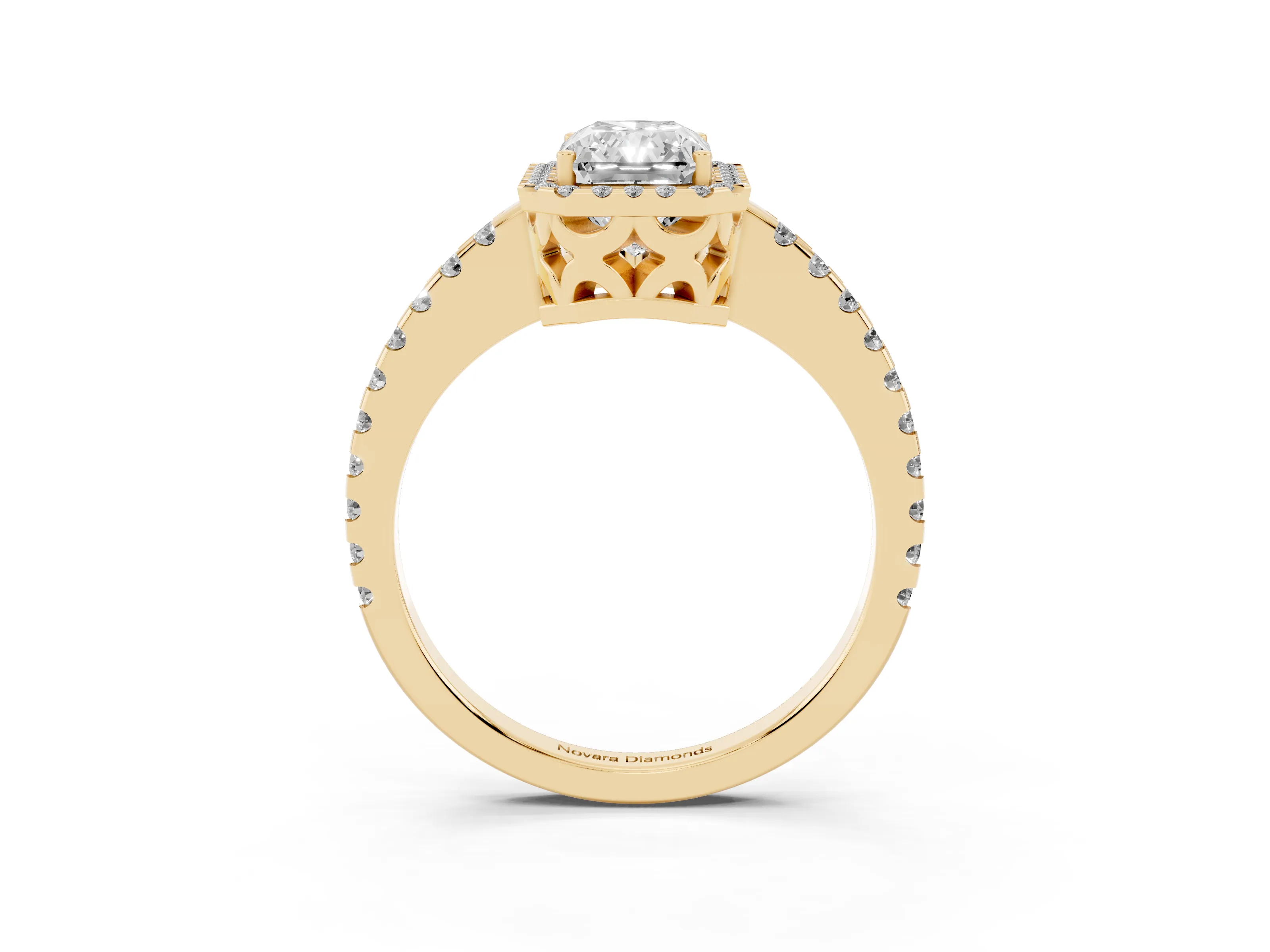 Radiant Cut Diamond Halo Ring Set in Yellow gold with Pavé Shoulders and Halo-Framed Center