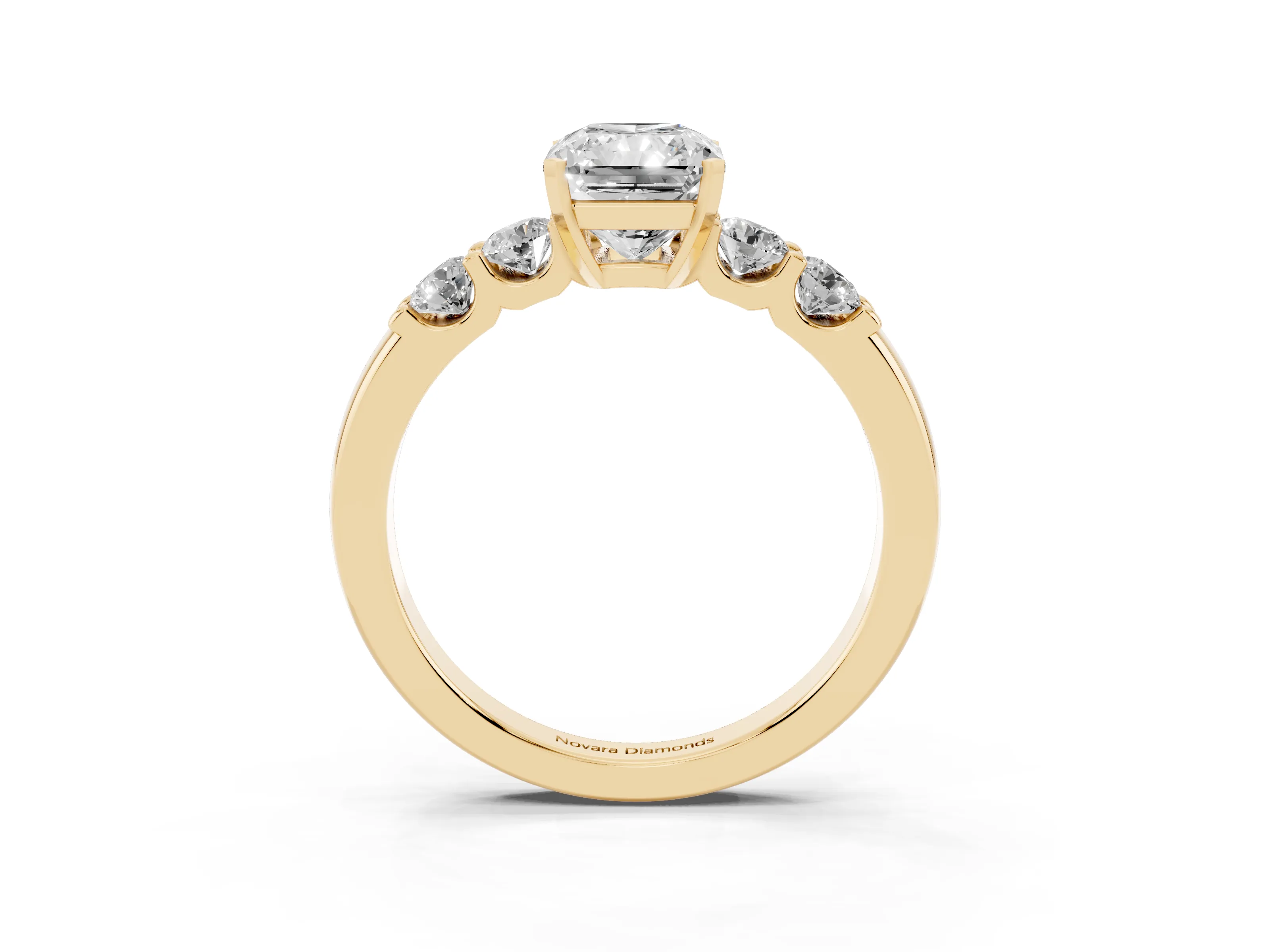 Radiant Cut Diamond Five-Stone Prong Set Engagement Ring Set in Yellow gold with Channel Band