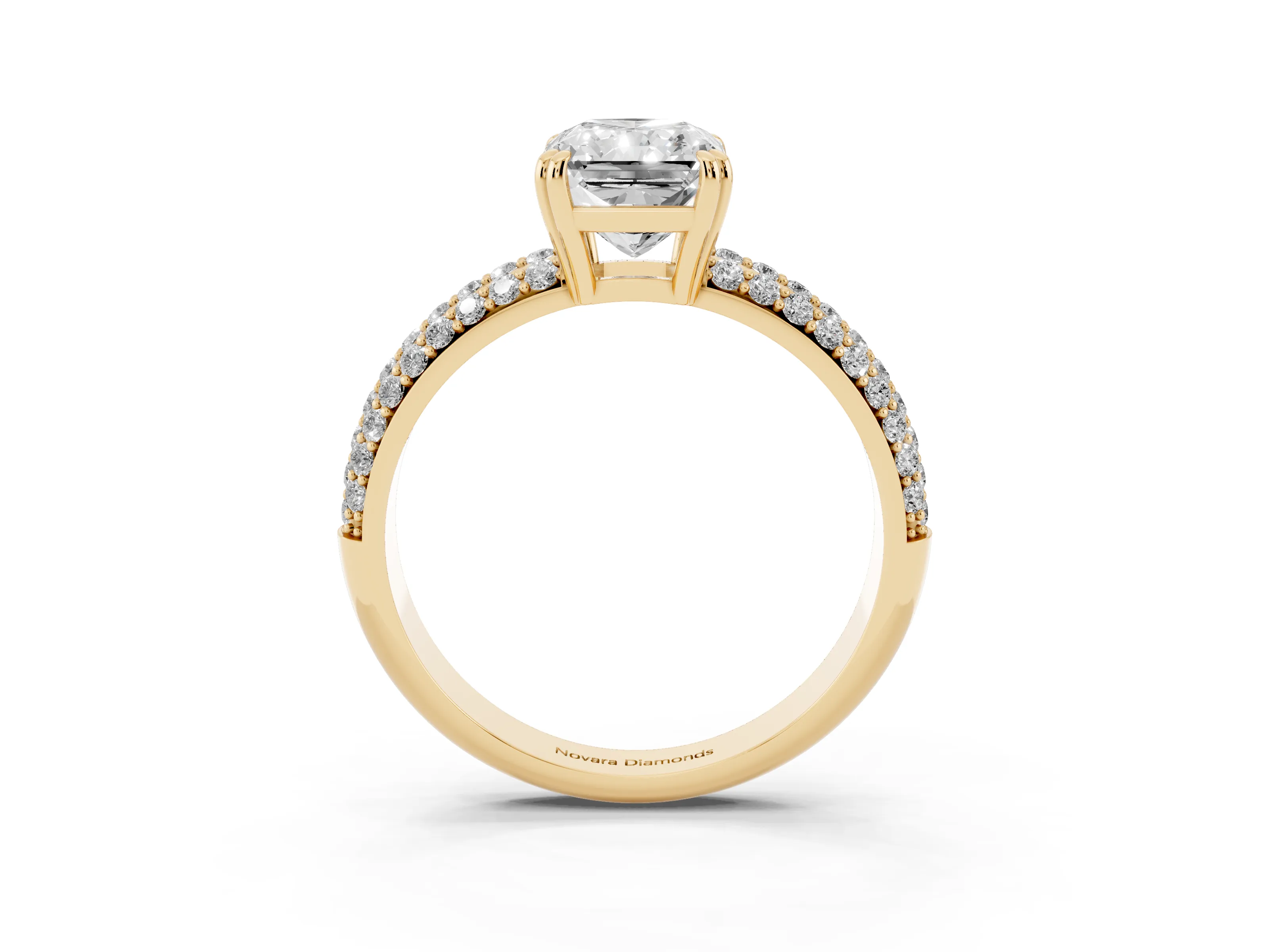 Radiant Cut Diamond Solitaire Ring Set in Yellow gold with Multi-Row Round Pavé Band and Prong Setting