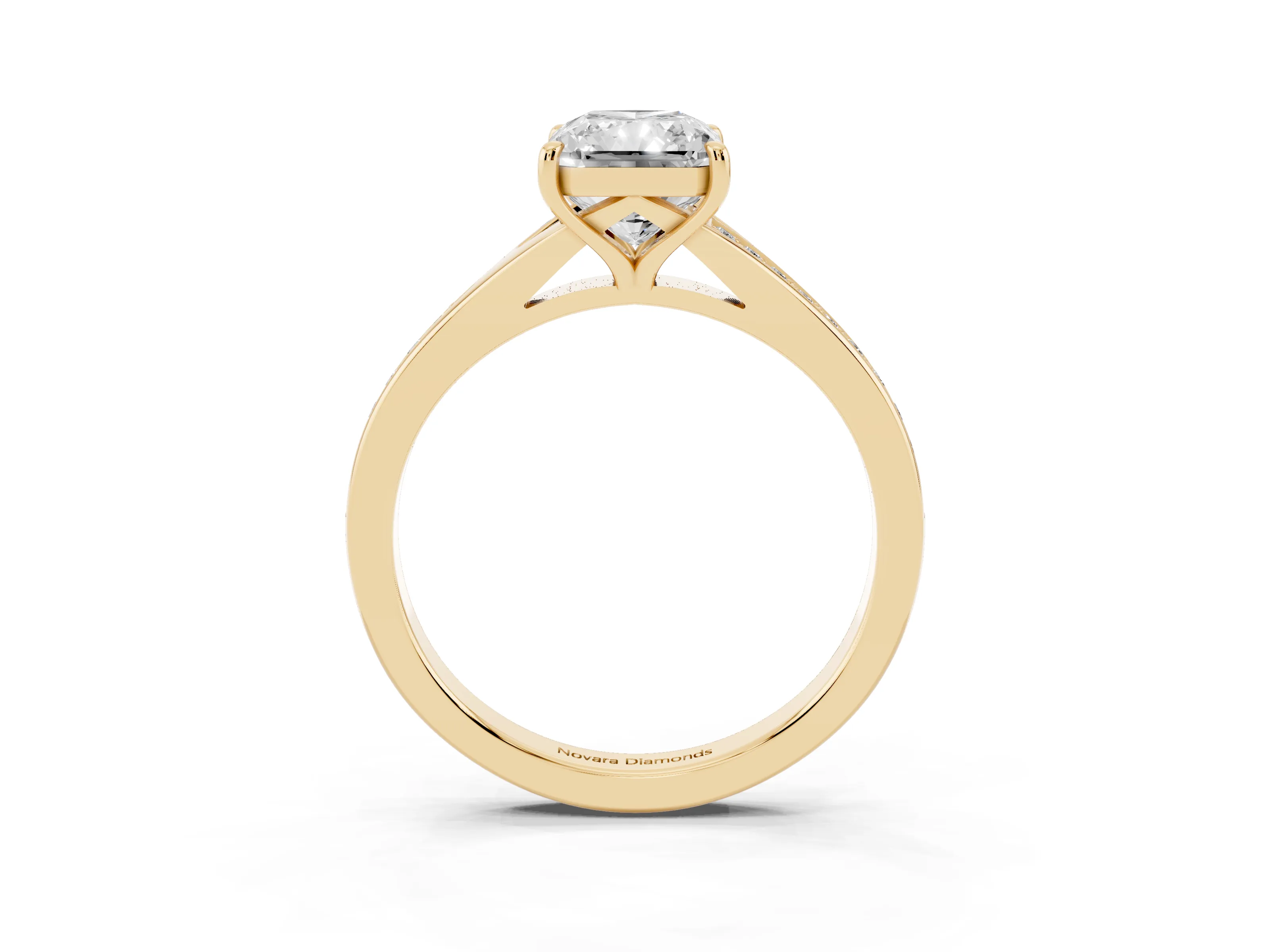 Radiant Cut Diamond Solitaire Ring Set in Yellow gold with Pavé Accent Band and Classic Prong Setting