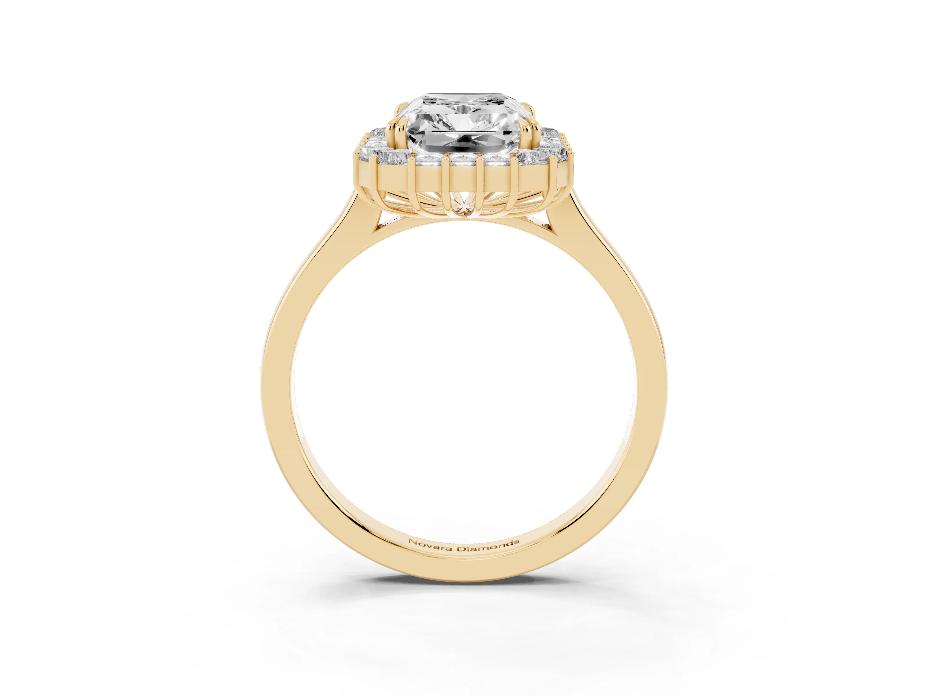 Radiant Diamond Baguette Halo Ring Set in Yellow gold with Round Accents and Slim Band
