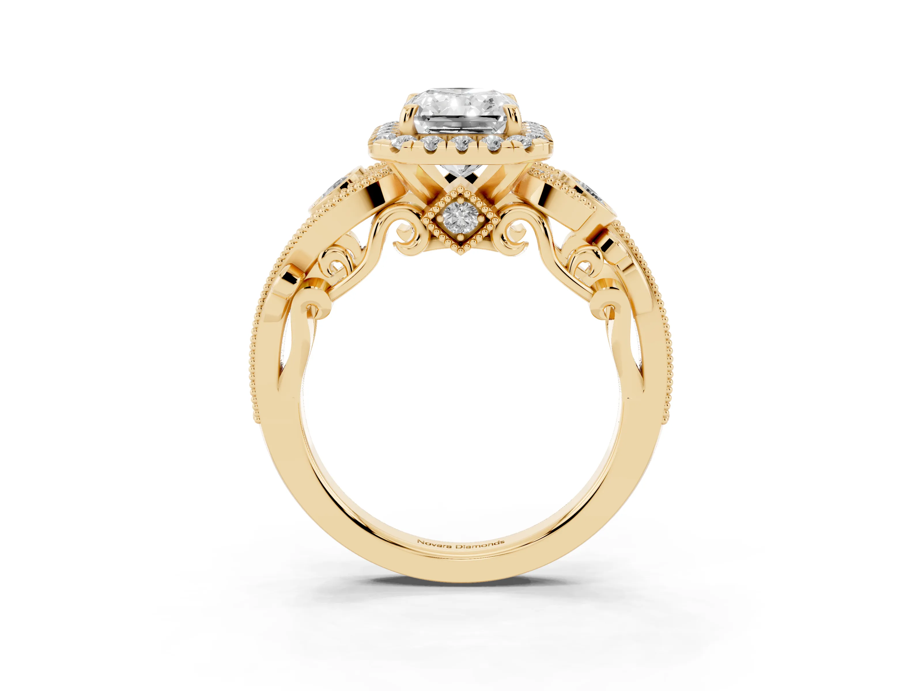 Radiant Cut Diamond Halo Ring Set in Yellow gold with Milgrain Pavé Band and Prong Setting