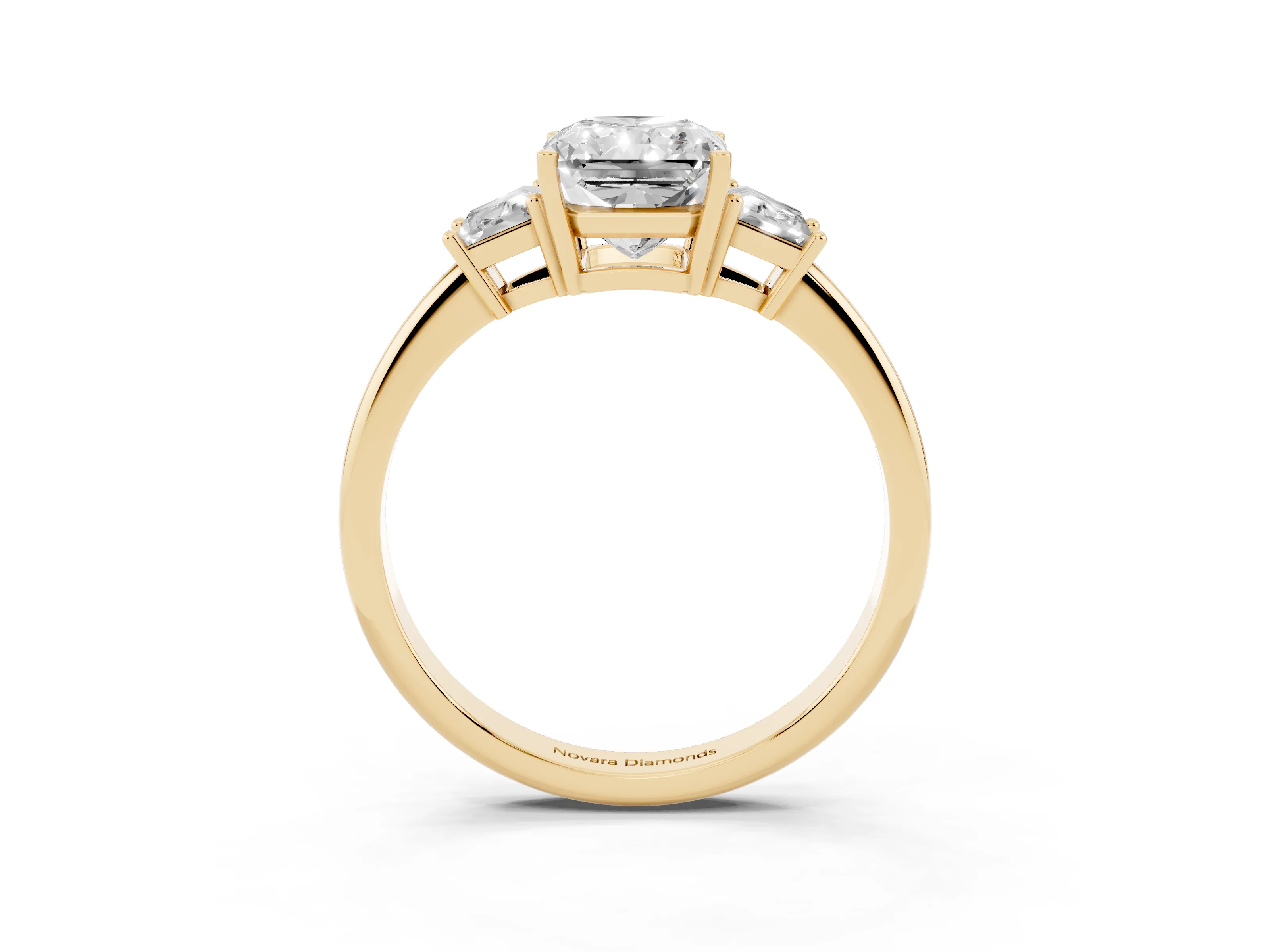 Radiant Cut Diamond Three-Stone Ring Set in Yellow gold with Trapezoid Side Stones and Prong Setting