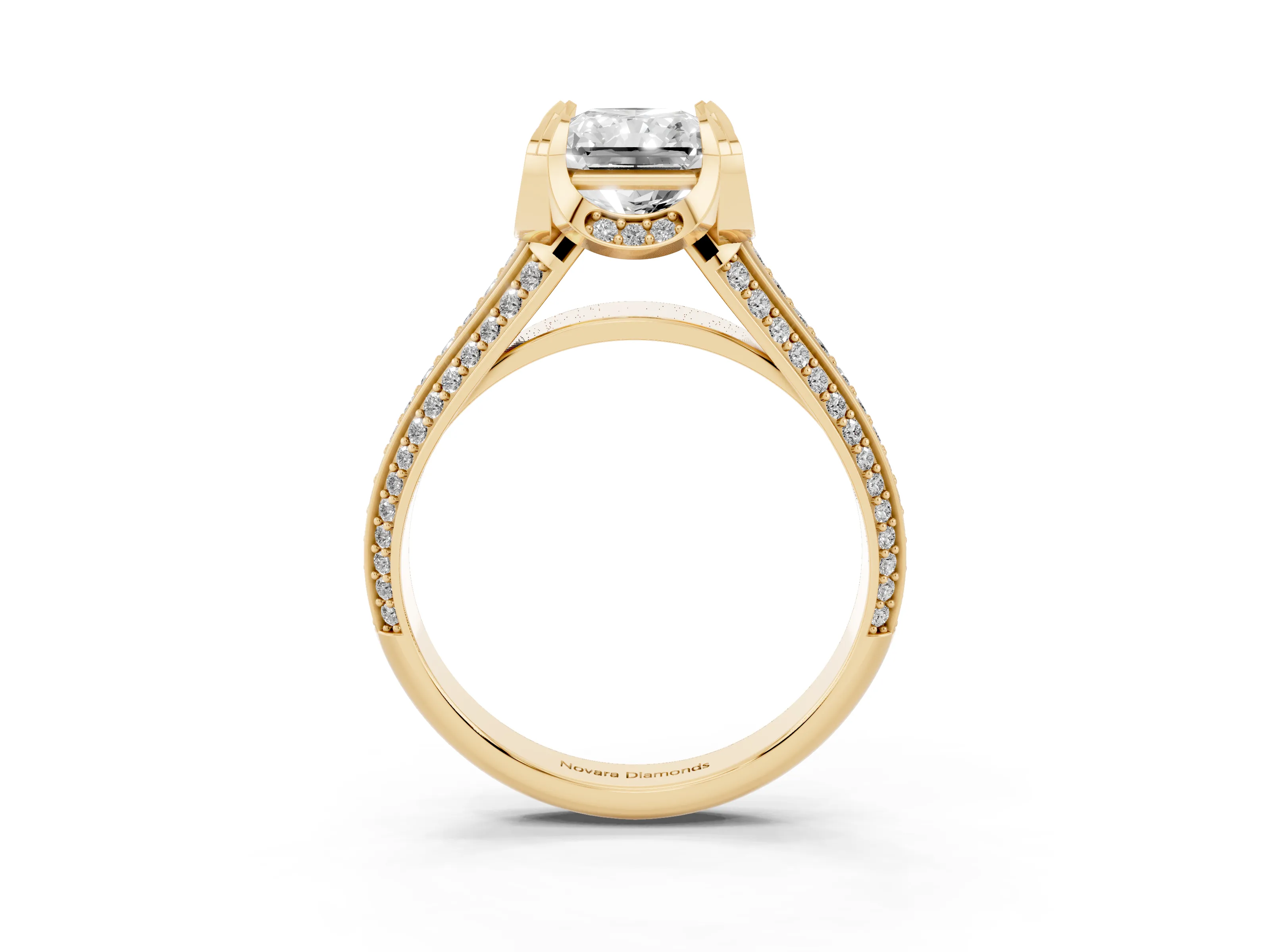 Radiant Cut Diamond Pavé Split Shank Solitaire Ring Set in Yellow gold with Prong Setting