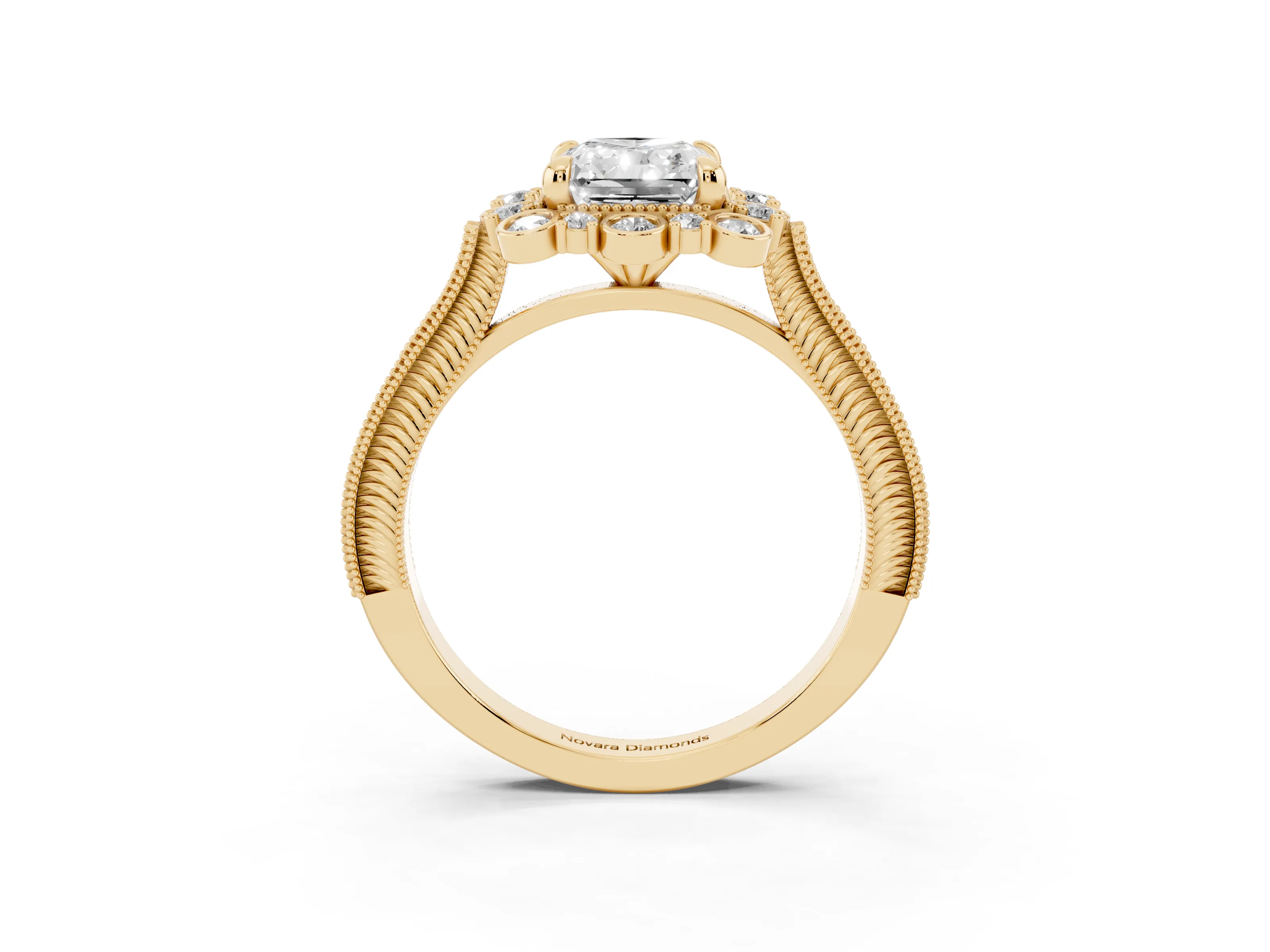 Radiant Cut Diamond Halo Milgrain Pavé Ring Set in Yellow gold with Prong Setting