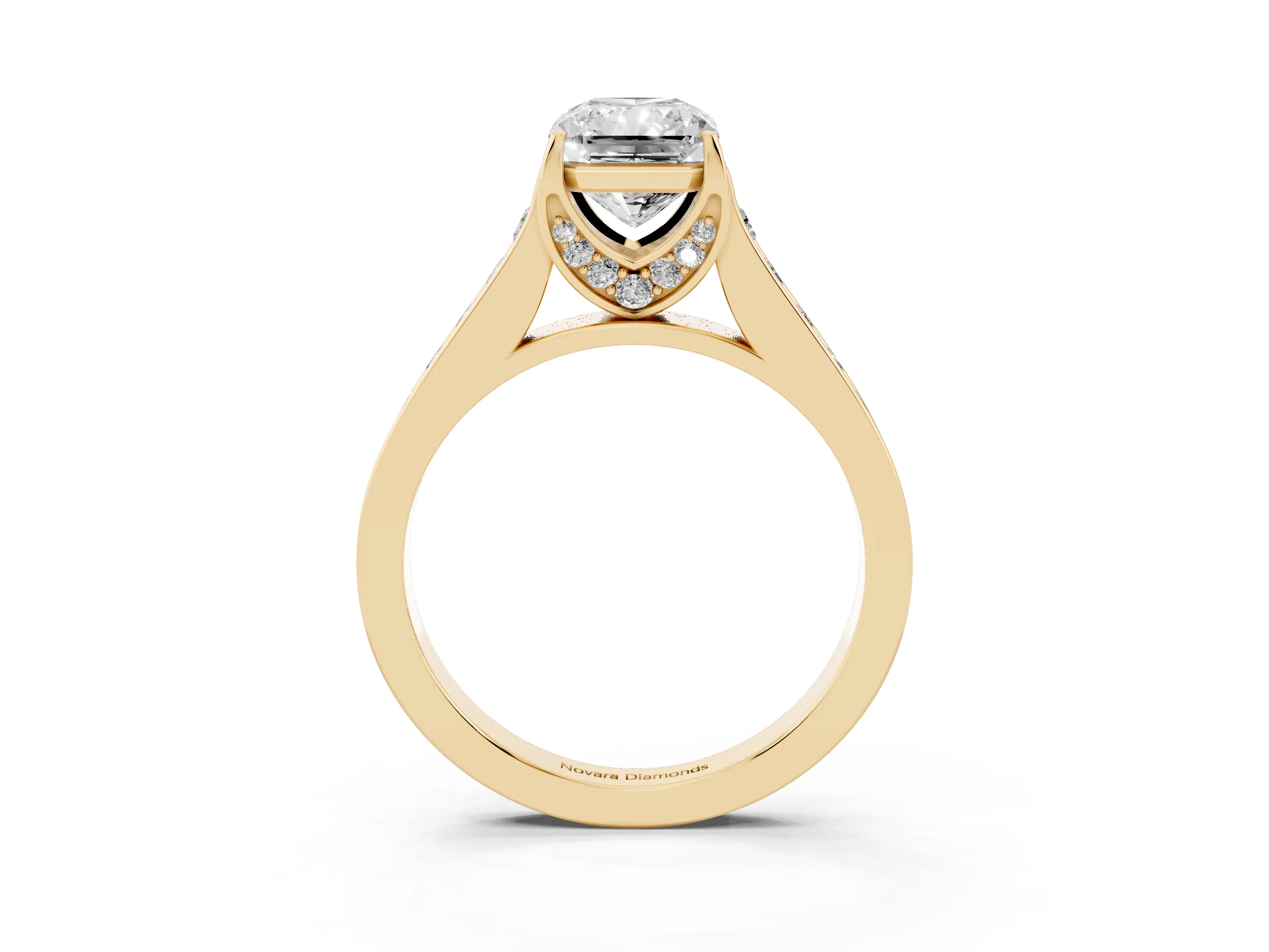 Radiant Cut Diamond Solitaire Pavé Engagement Ring Set in Yellow gold with Prong Setting
