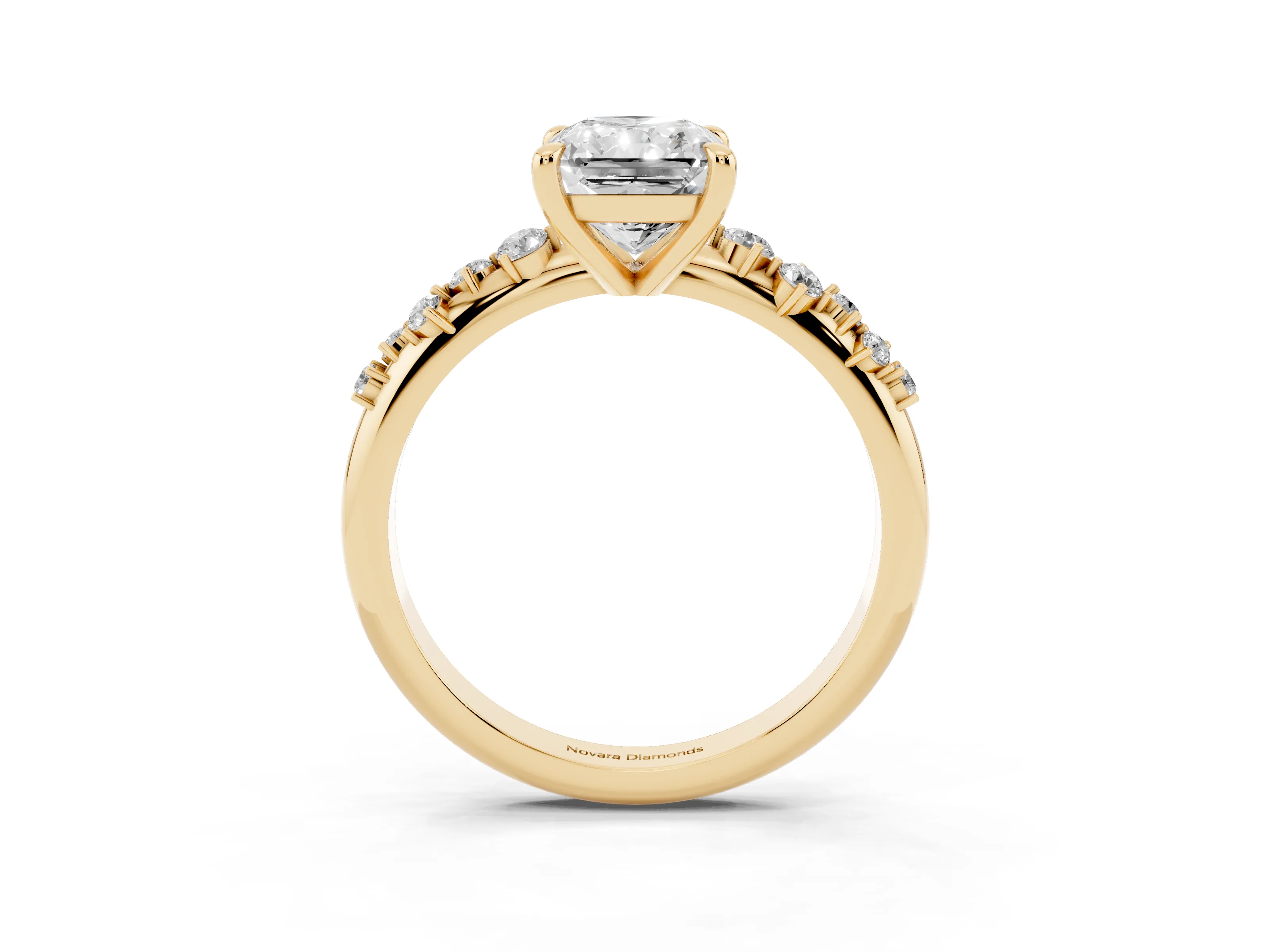 Radiant Cut Diamond Solitaire Vine Band Ring Set in Yellow gold with Round Accents and Prong Setting