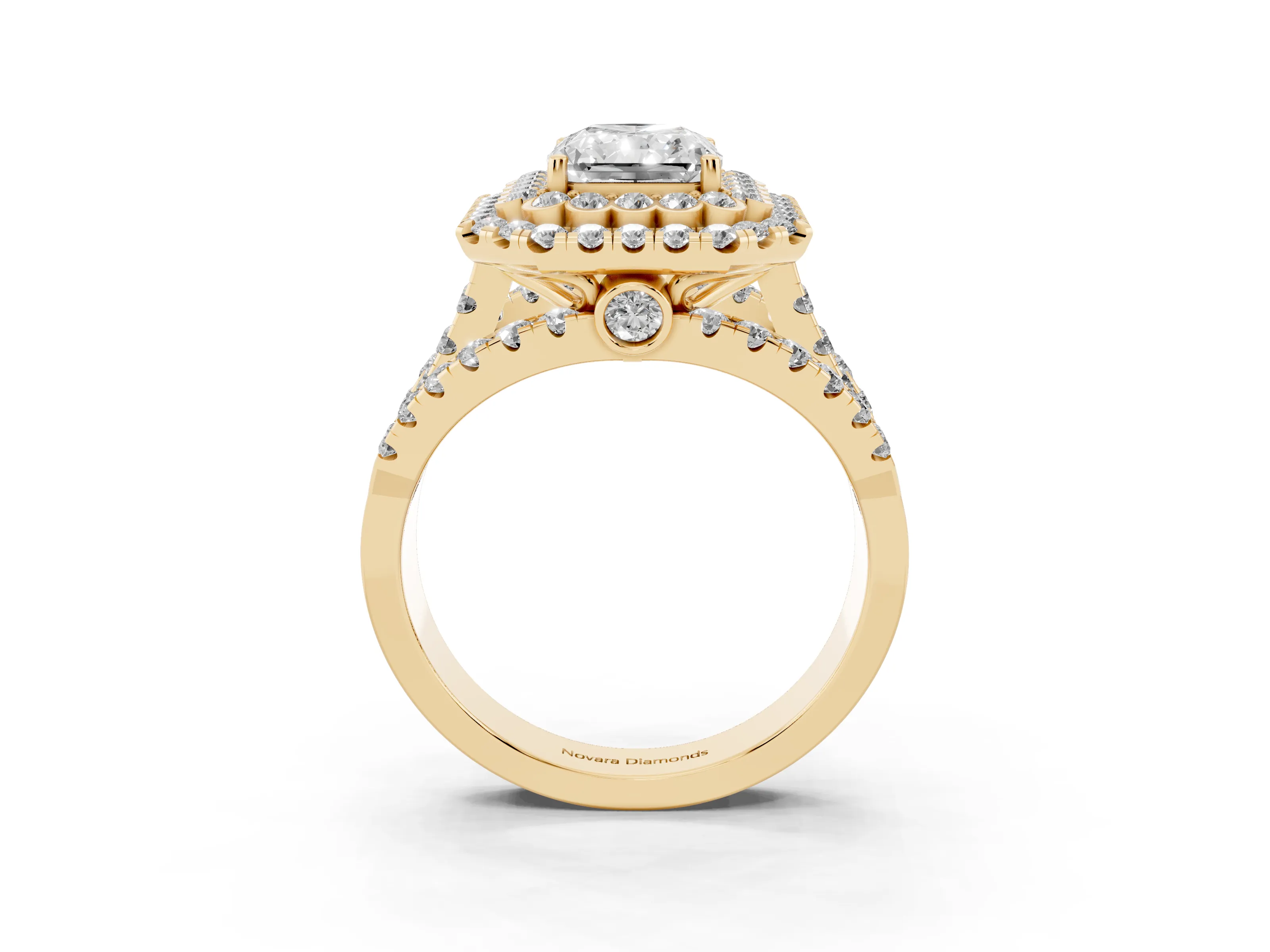 Radiant Cut Diamond Double Halo Ring Set in Yellow gold with Round Pavé Split Shank