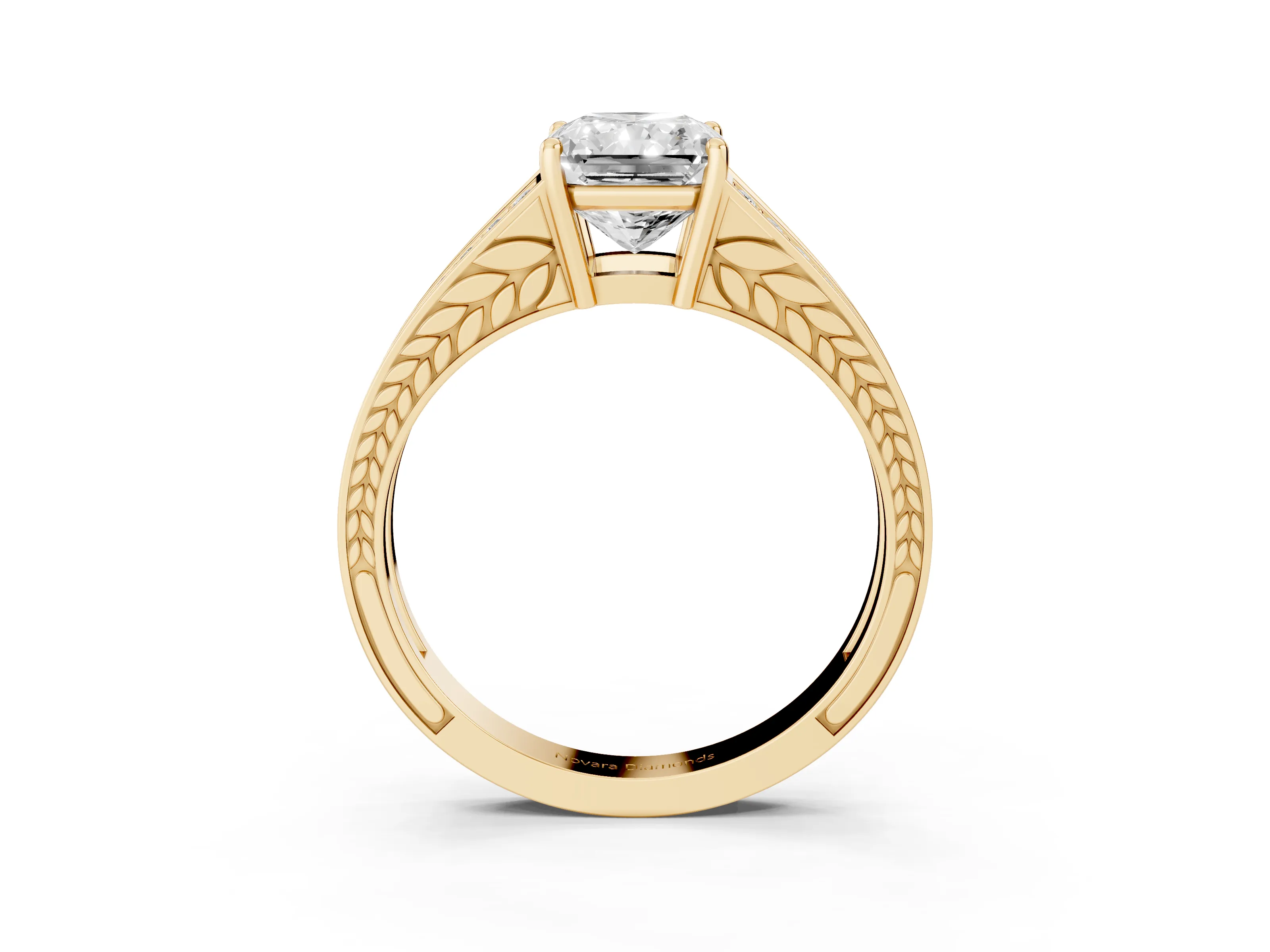 Radiant Cut Diamond Split Shank Ring Set in Yellow gold with Pavé Band and Prong Setting