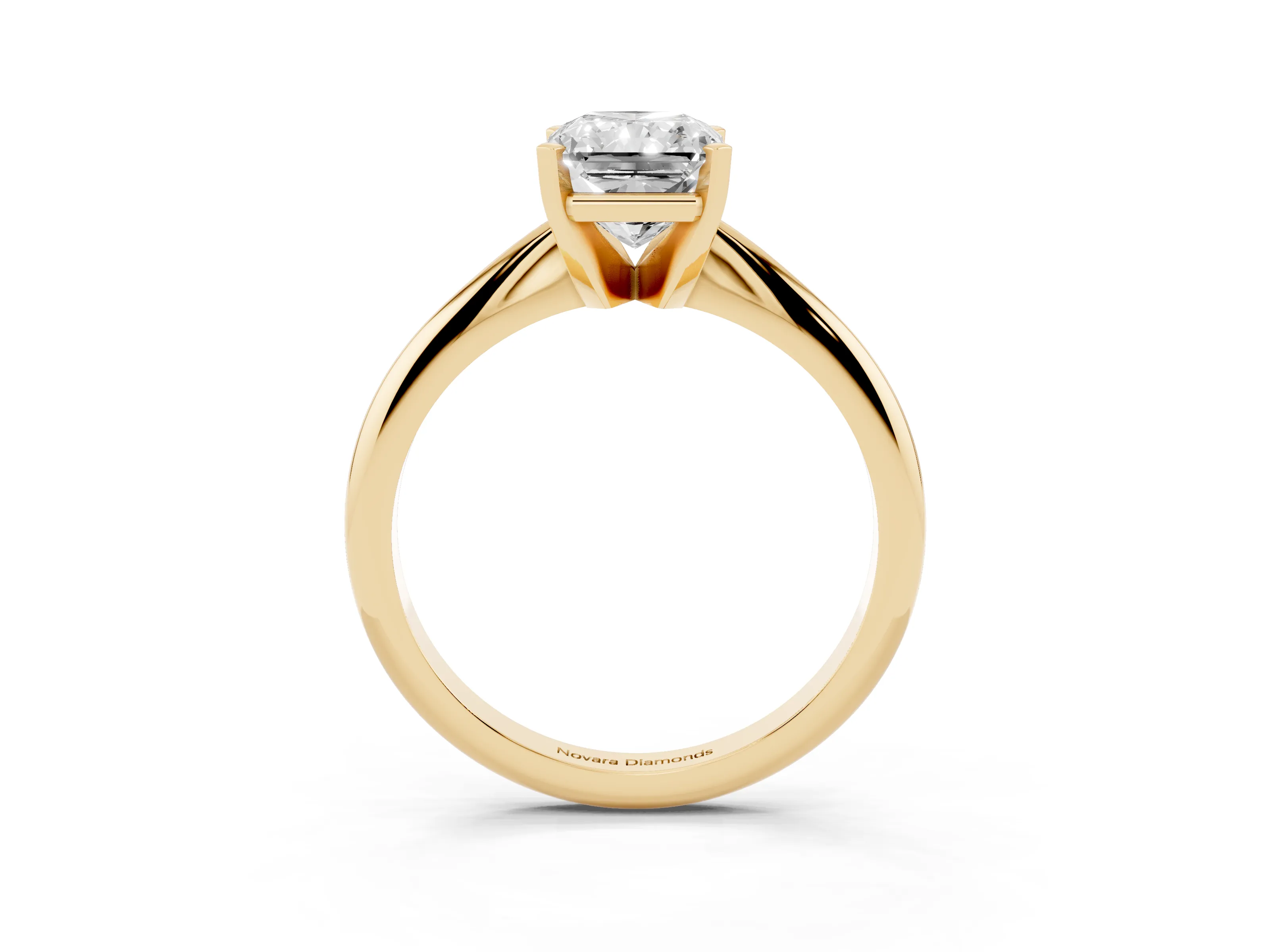 Radiant Cut Diamond Solitaire Ring Set in Yellow gold with Prong Setting on a Plain Round Band