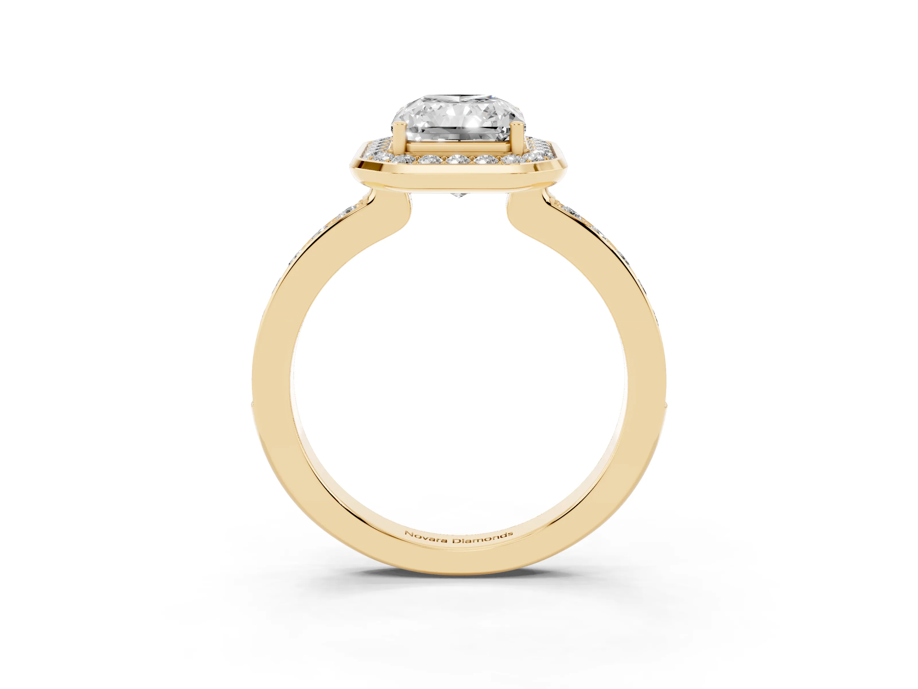 Radiant Cut Diamond Halo Ring Set in Yellow gold with Bezel Frame and Pavé Band