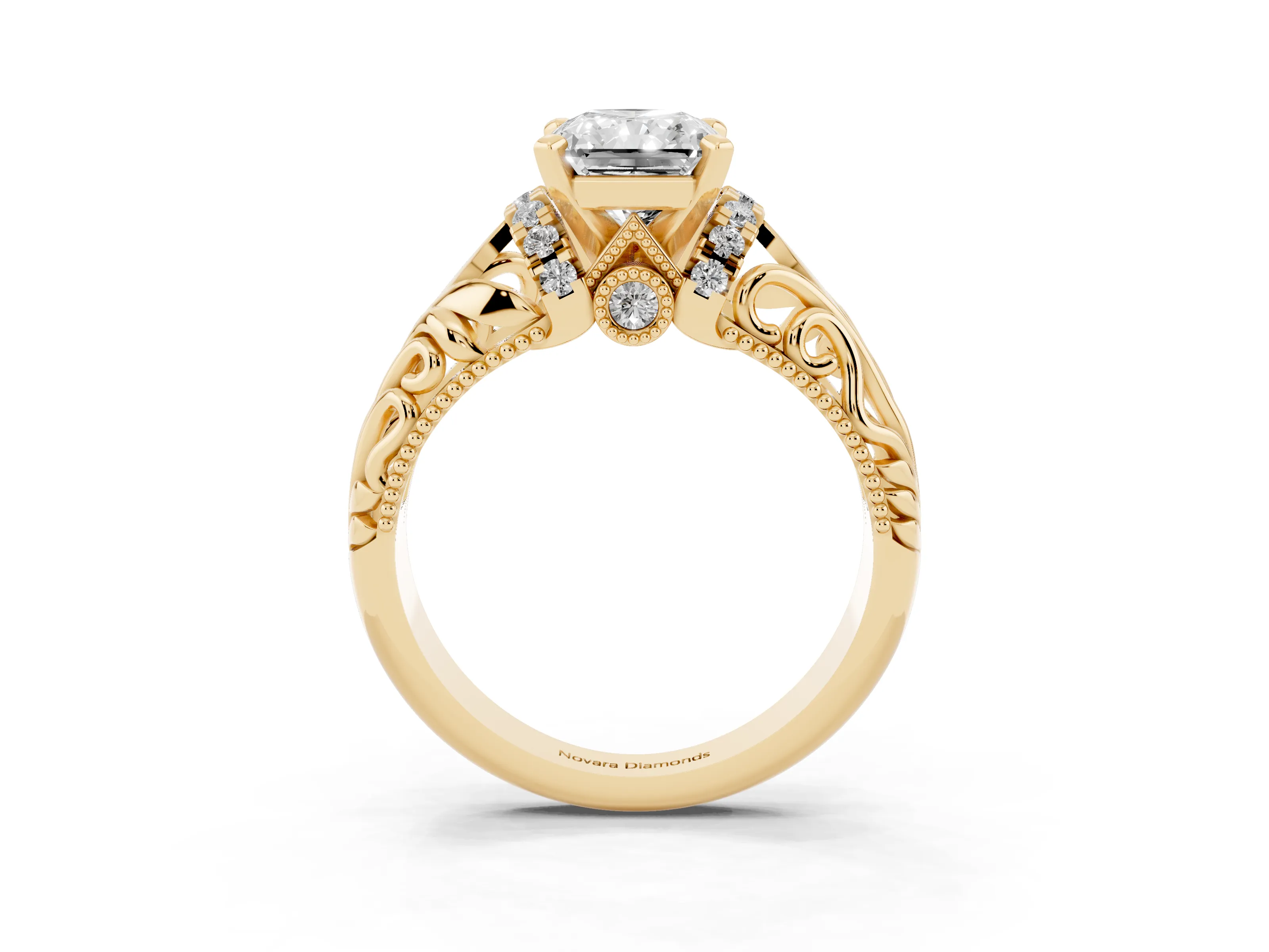 Radiant Cut Diamond Filigree Halo Engagement Ring Set in Yellow gold with Prong Setting
