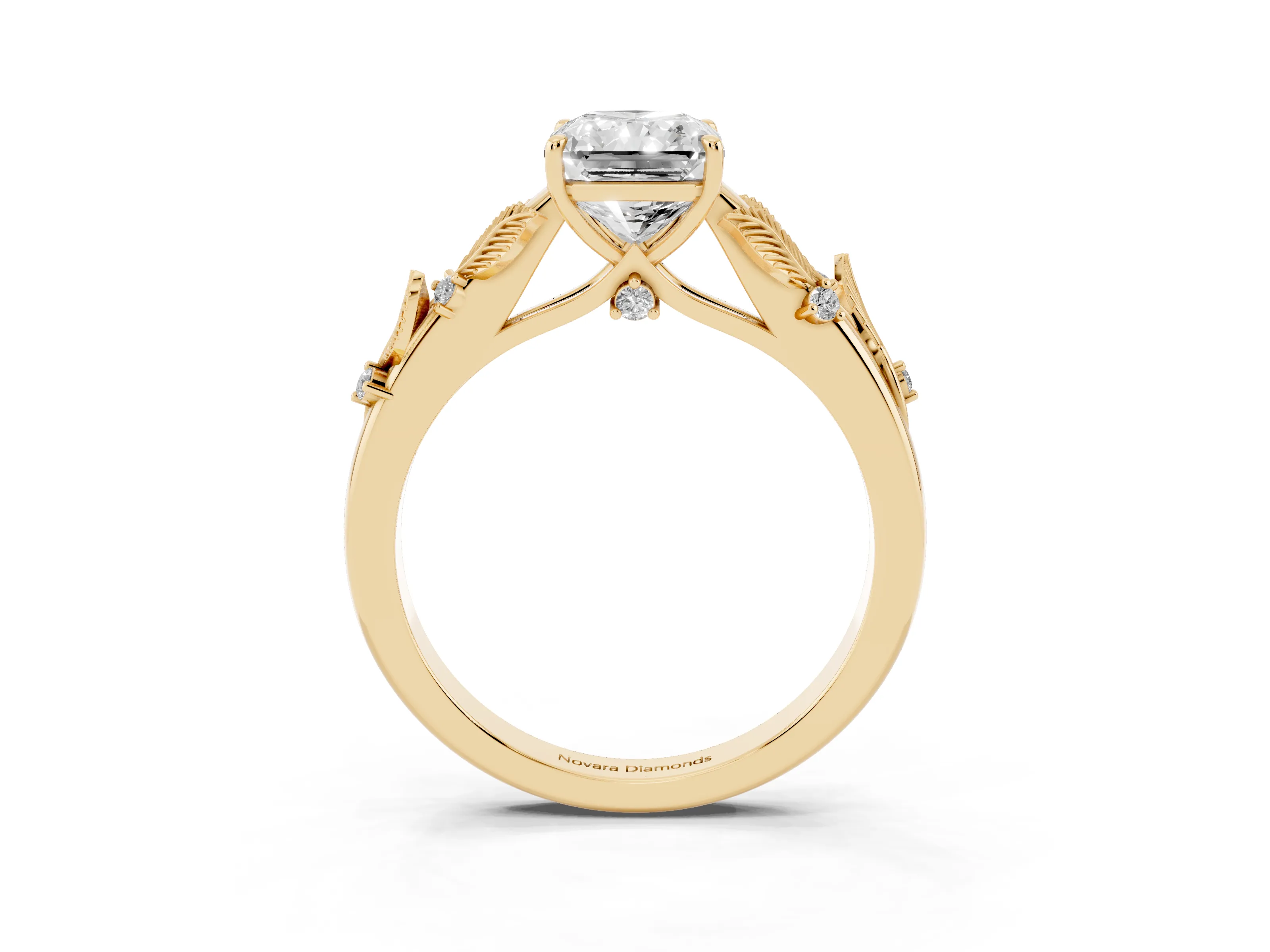 Radiant Cut Diamond Solitaire Ring Set in Yellow gold with Leaf Motif Band